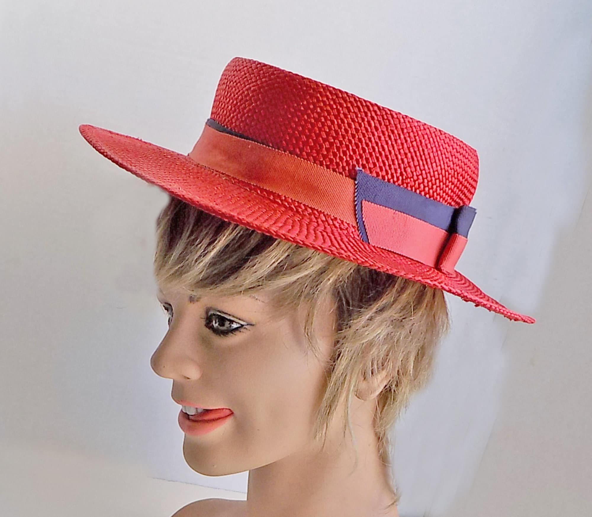 60s Red Straw Boater Red Hat Hat Band Navy and Red Needs Small - Image 2