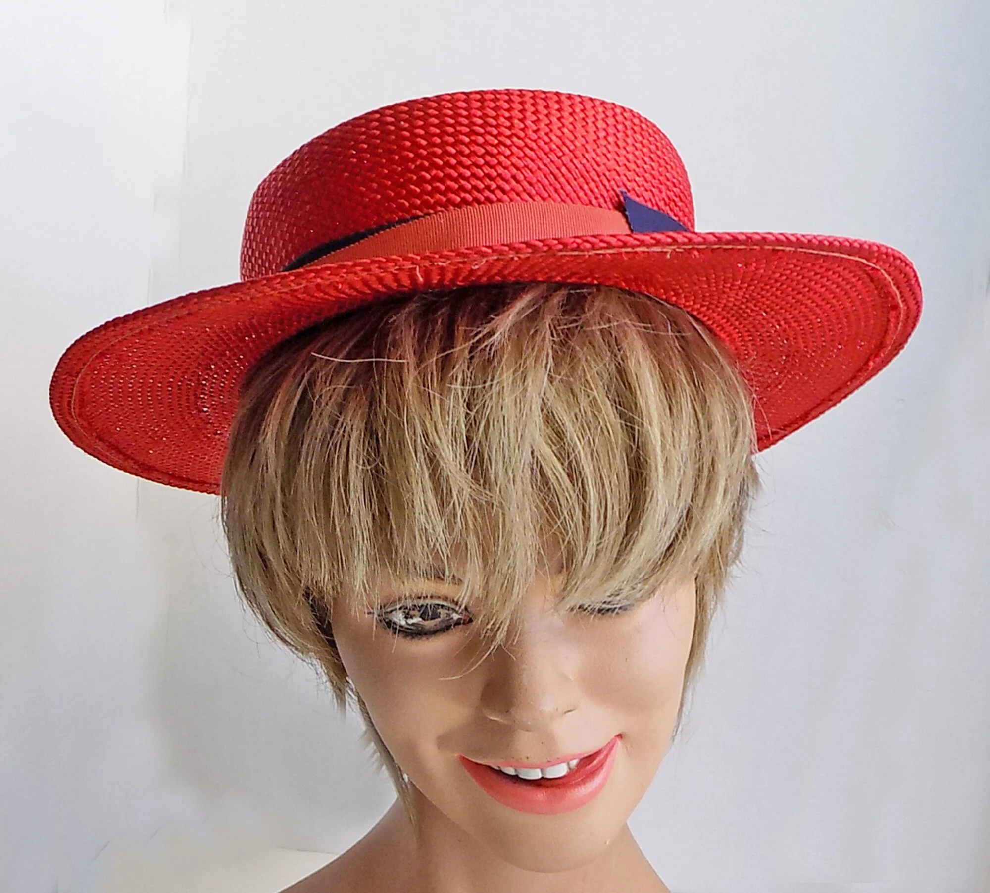 60s Red Straw Boater Red Hat Hat Band Navy and Red Needs Small - Image 3