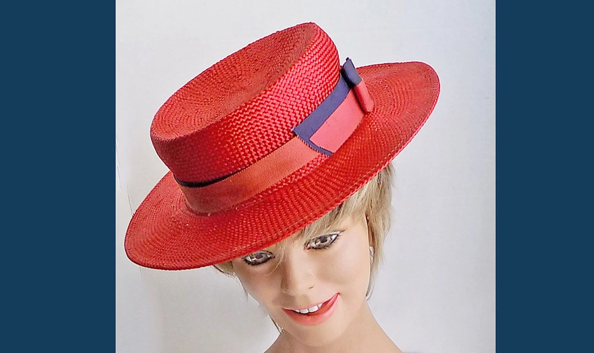 60s Red Straw Boater Red Hat Hat Band Navy and Red Needs Small - Image 4