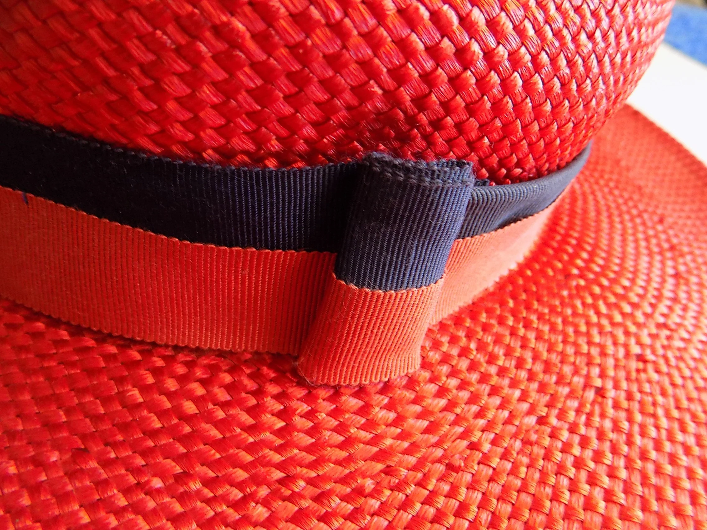 60s Red Straw Boater Red Hat Hat Band Navy and Red Needs Small - Image 7