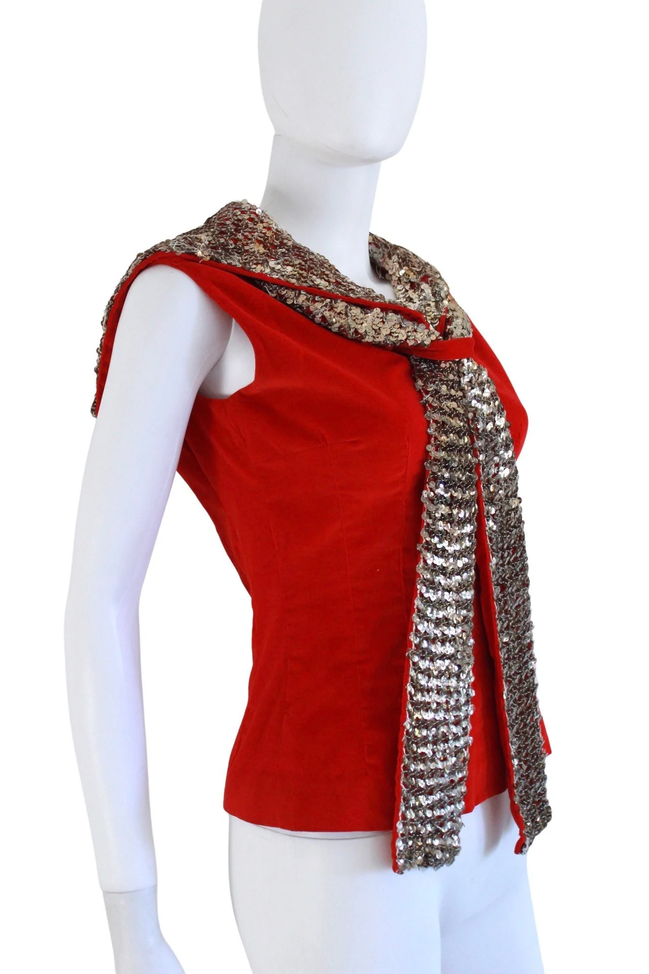 60s Red Velveteen Sailor Middy Blouse with Silver Sequin Trim - Image 5