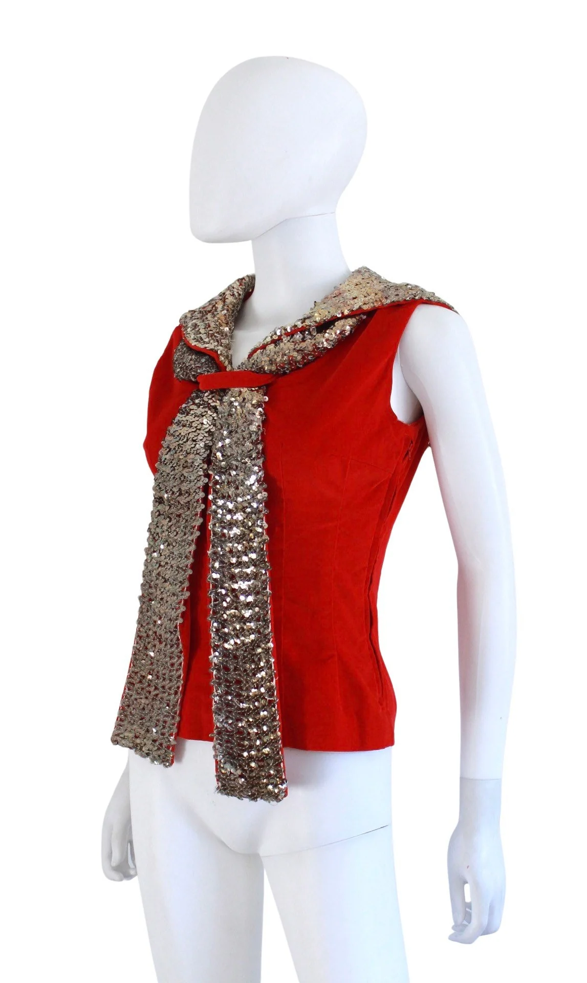 60s Red Velveteen Sailor Middy Blouse with Silver Sequin Trim - Image 6
