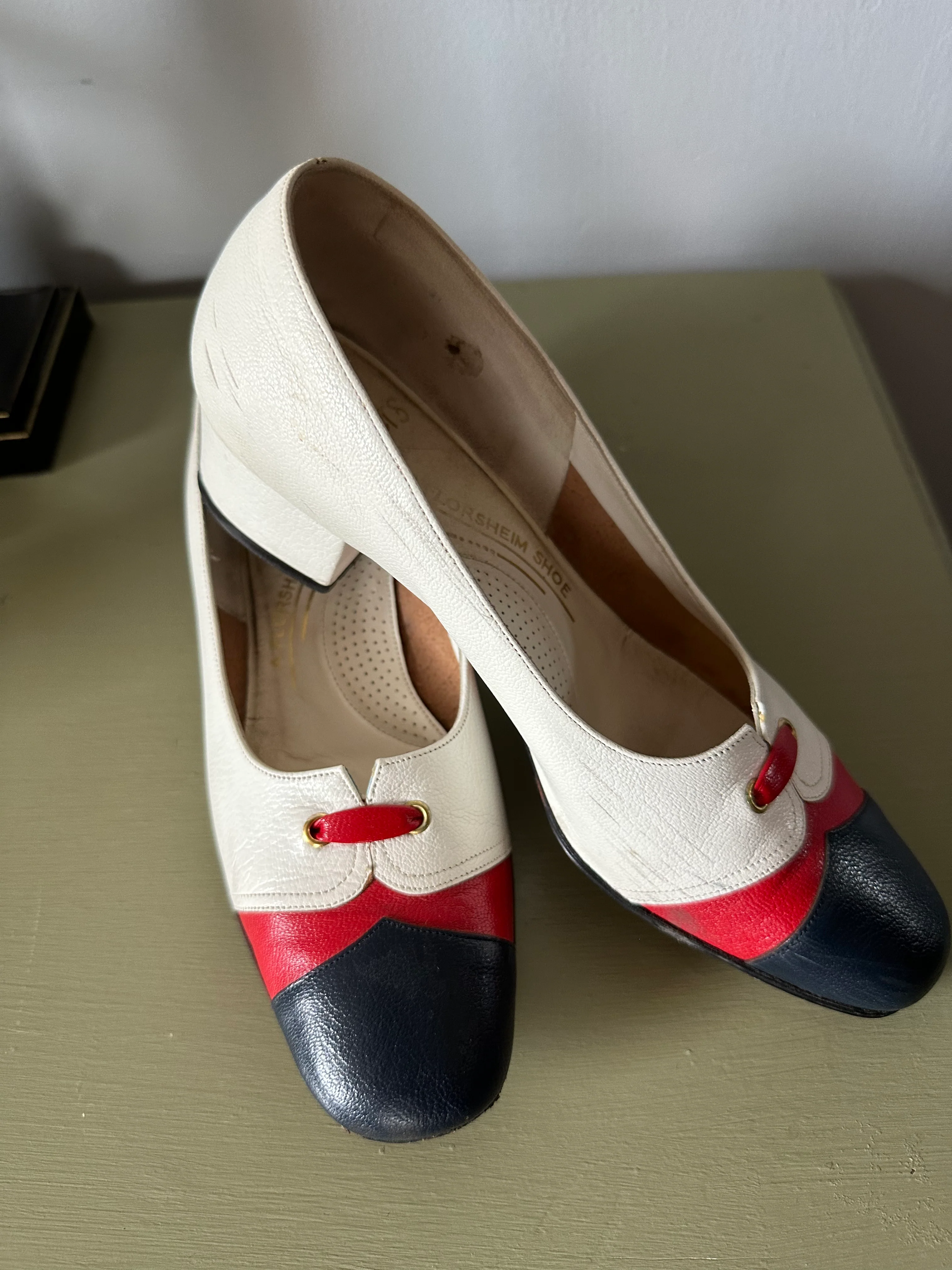 60s Red White And Blue Block Heel Pumps By Florsheim - Image 7