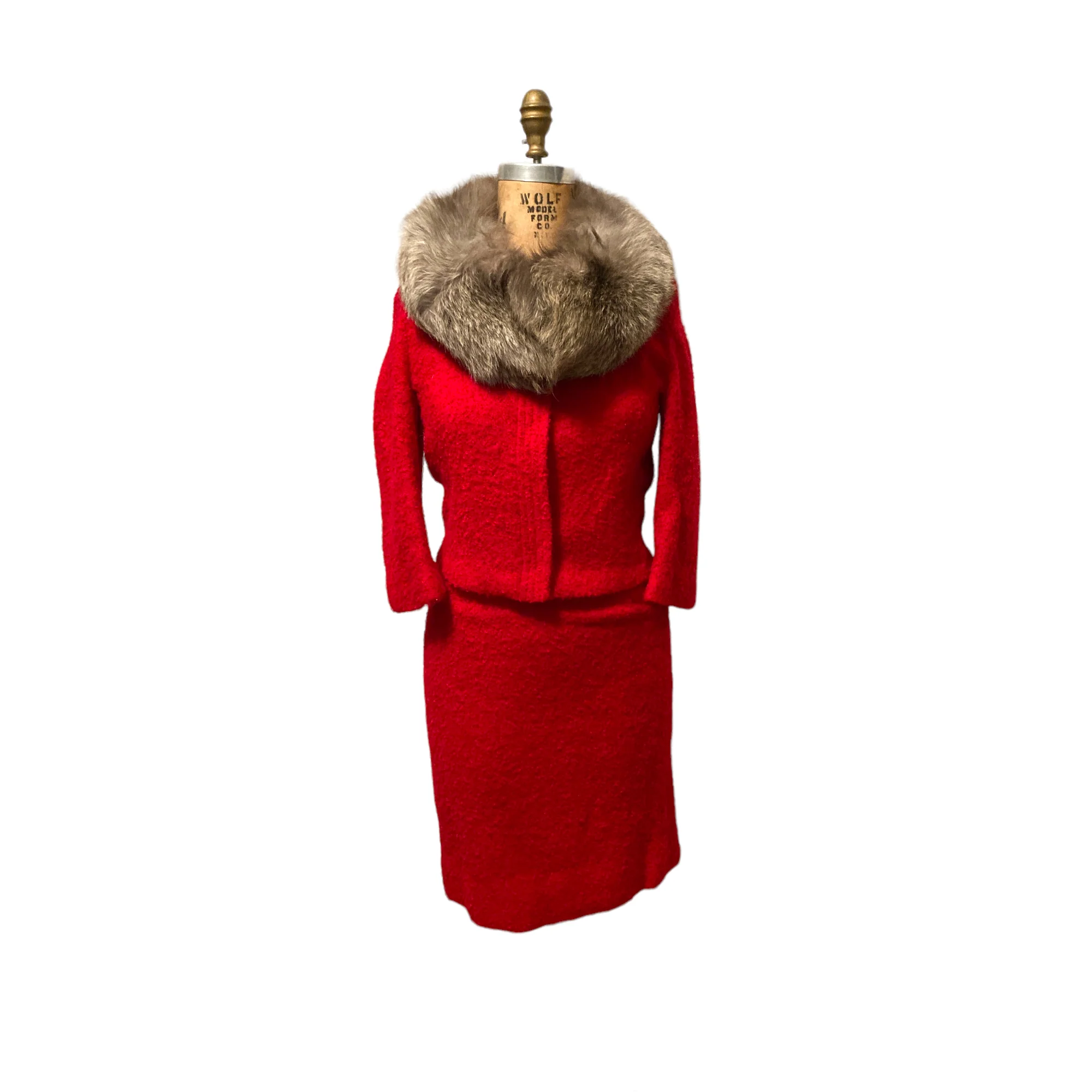 60s Red Wool Boucle And Fur Skirt And Jacket Suit By Lilli Ann - Image 11
