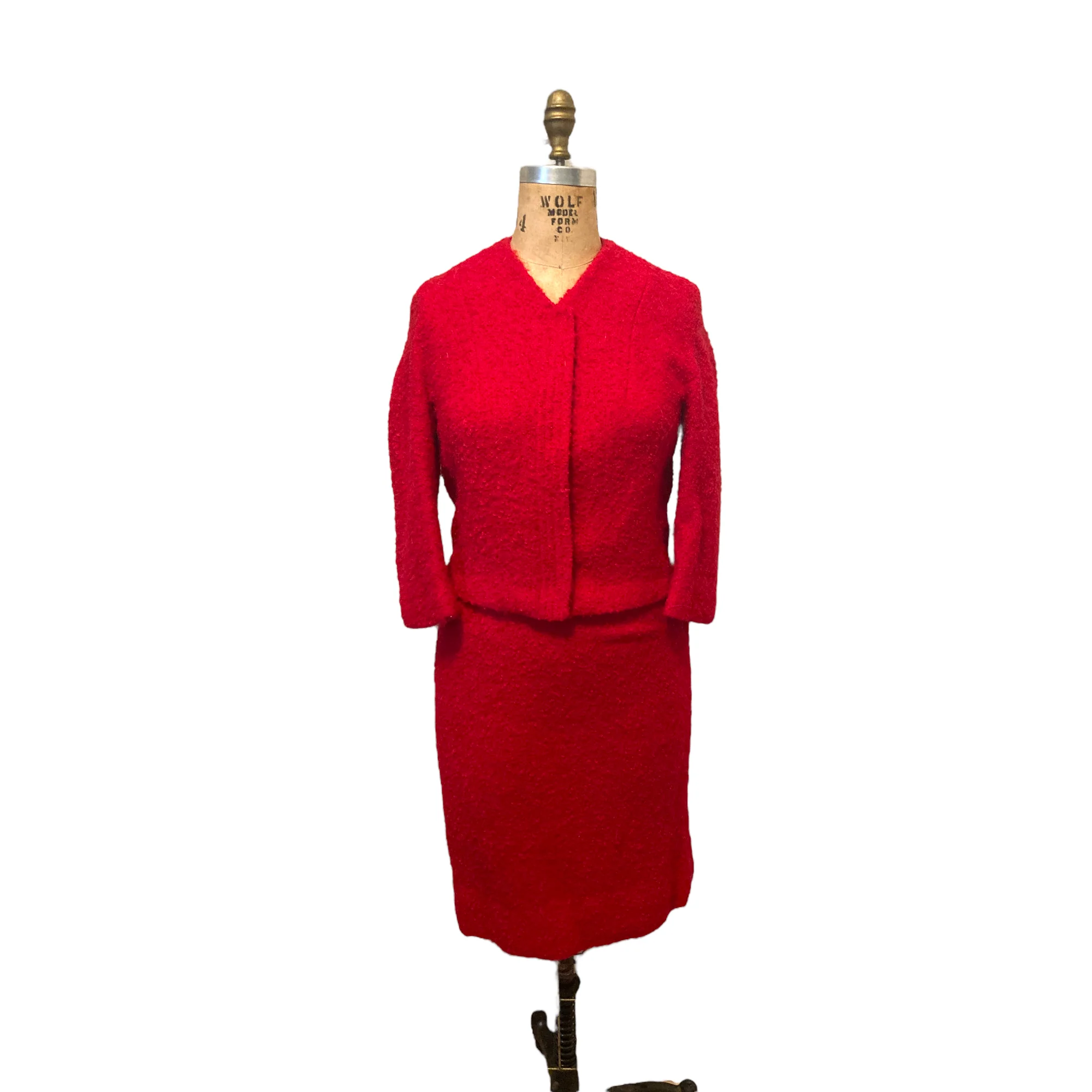60s Red Wool Boucle And Fur Skirt And Jacket Suit By Lilli Ann - Image 3