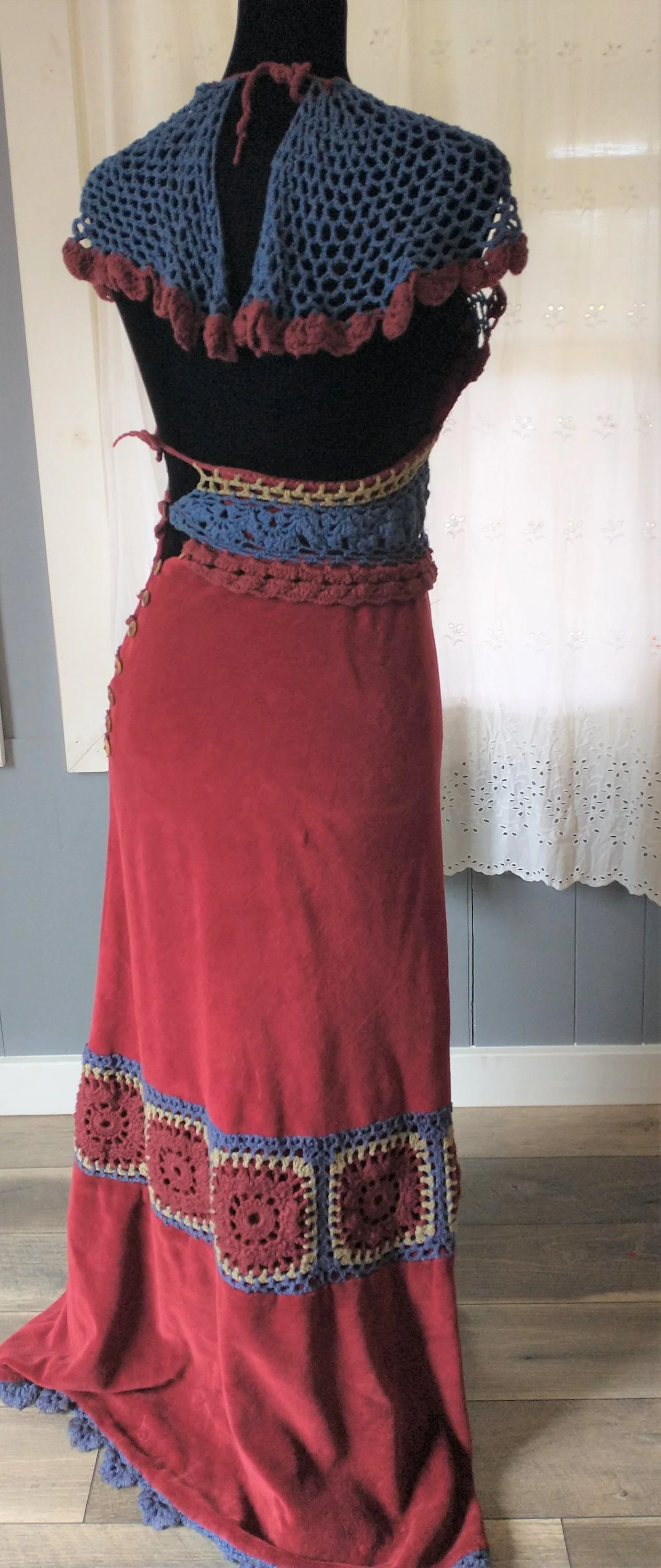 60s Retro Homemade Maxi Dress Crochet Halter Velour Fringe Bareback Extra Small - Image 2