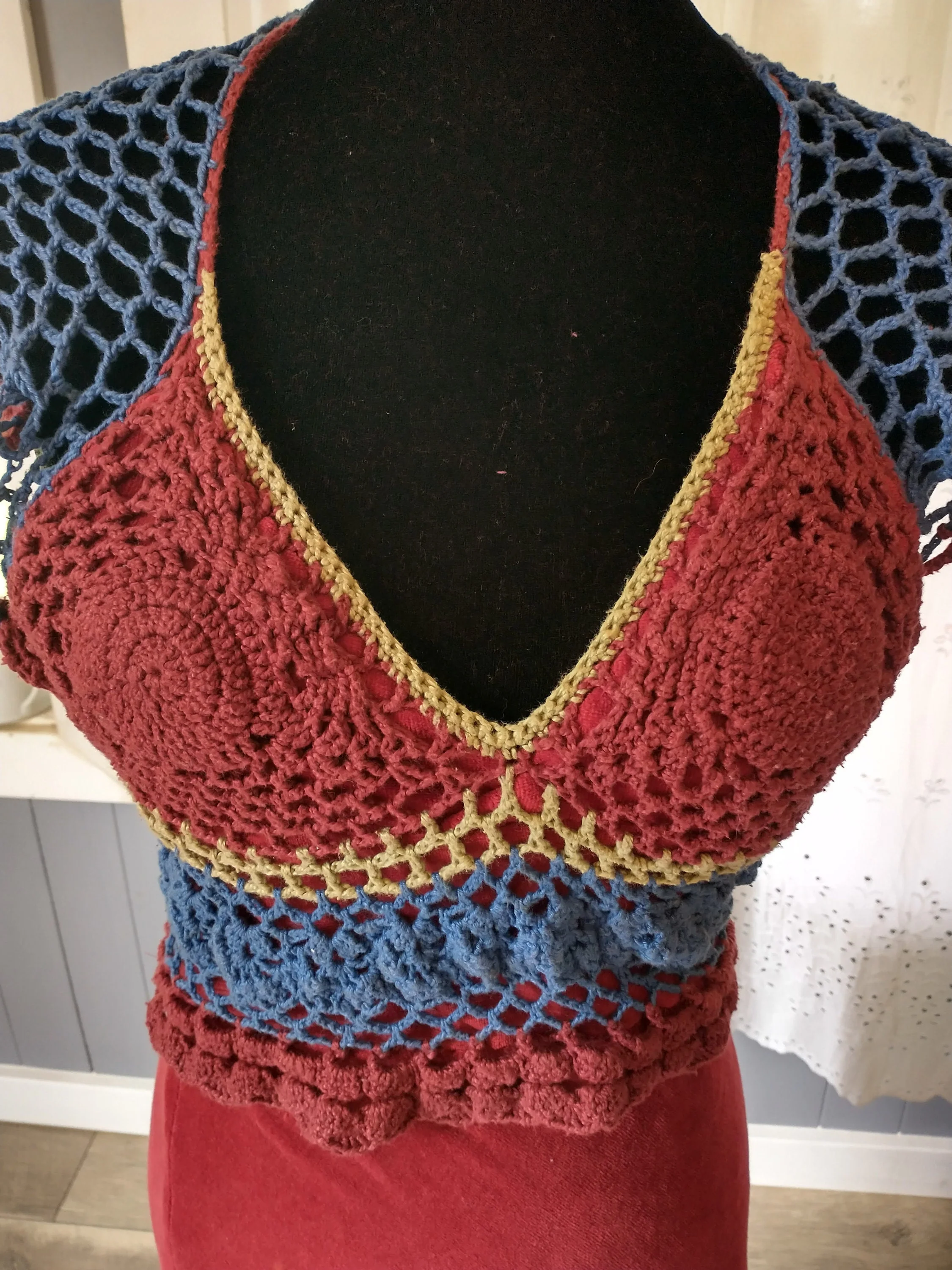 60s Retro Homemade Maxi Dress Crochet Halter Velour Fringe Bareback Extra Small - Image 3