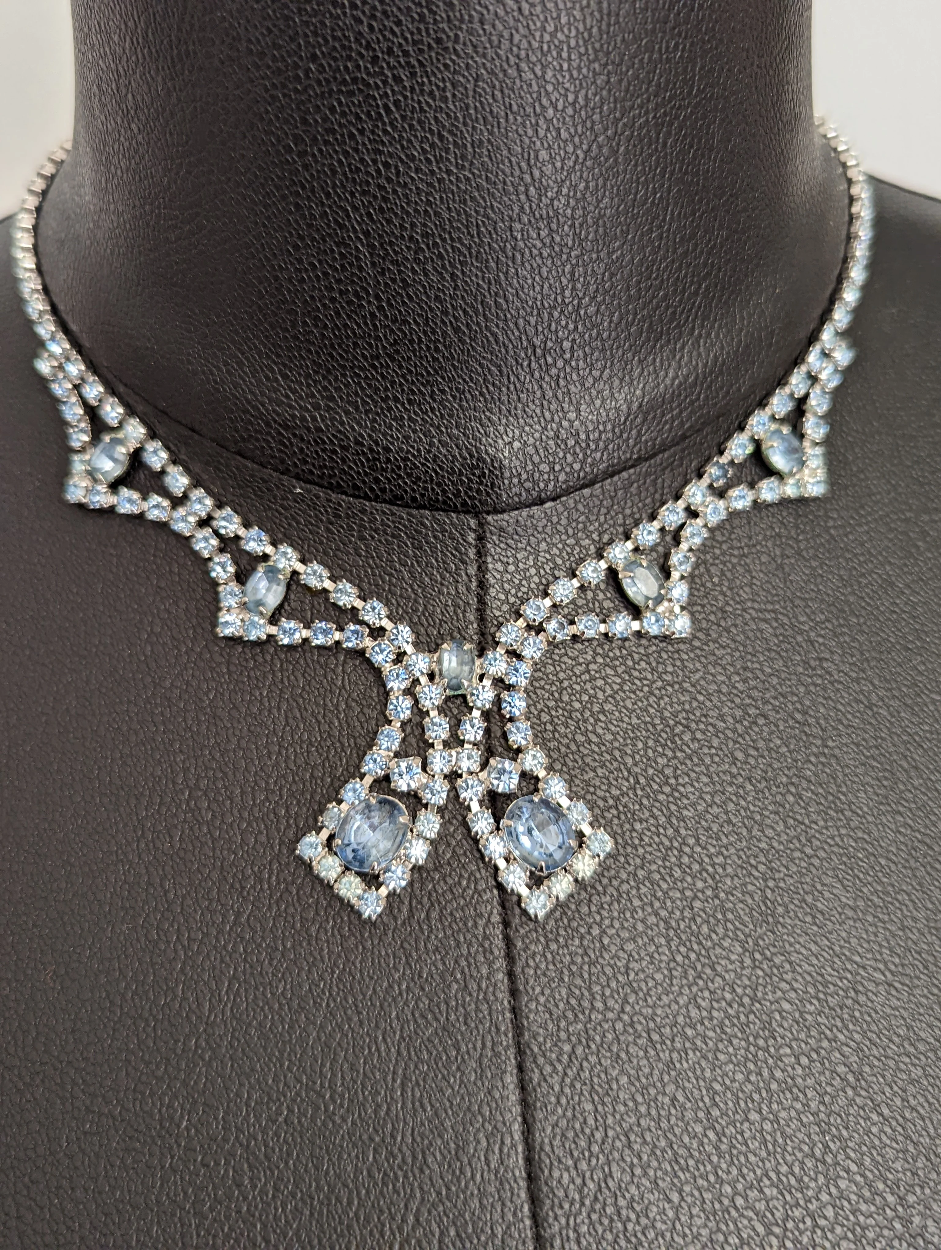 60s Rhinestone Blue Bow Necklace - Image 4
