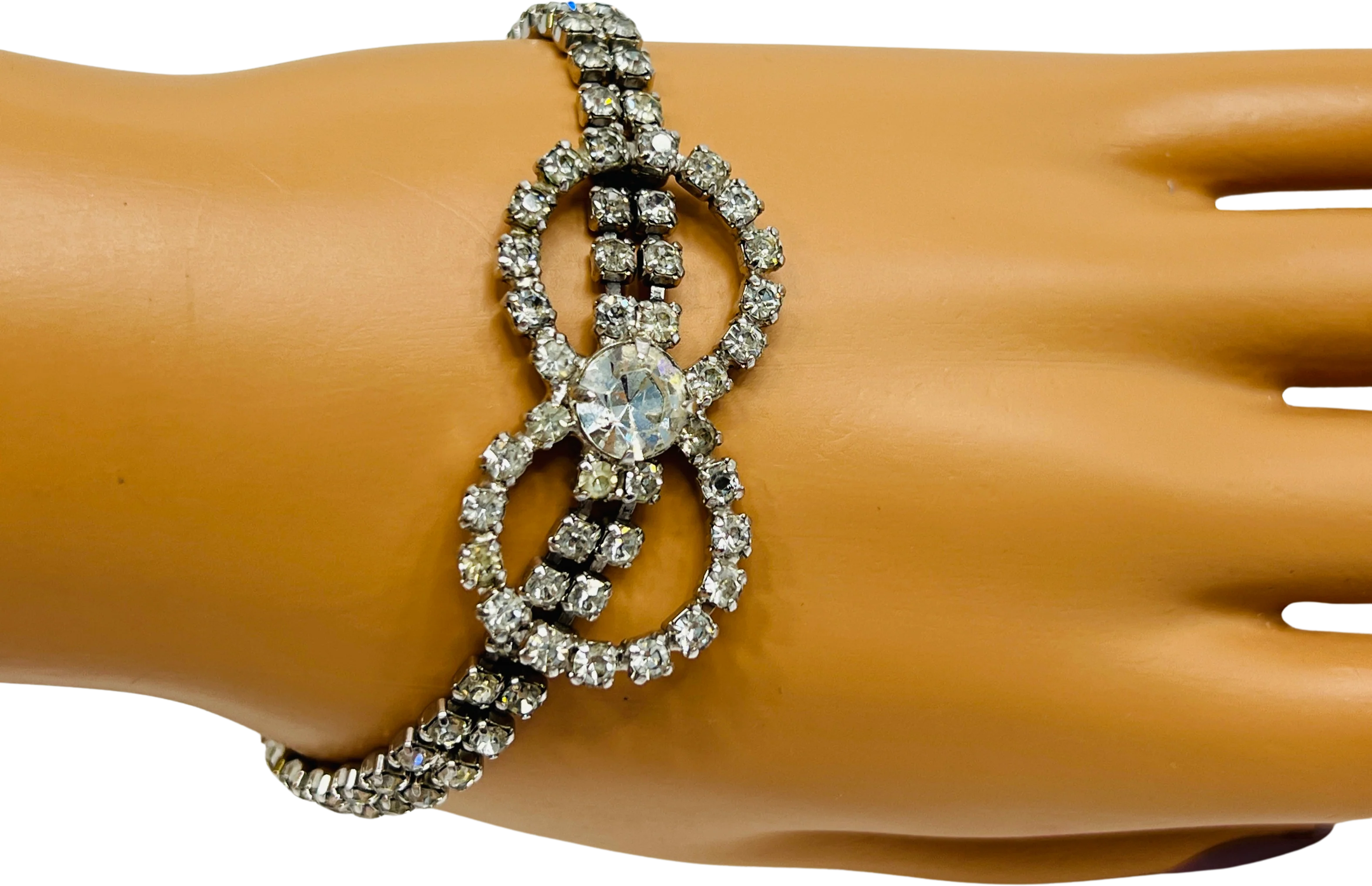 60s Rhinestone Bracelet Silver Tone Knot Estate 7 In
