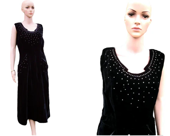 60s Rhinestone-studded Black Velvet Dress With Pockets - Image 9