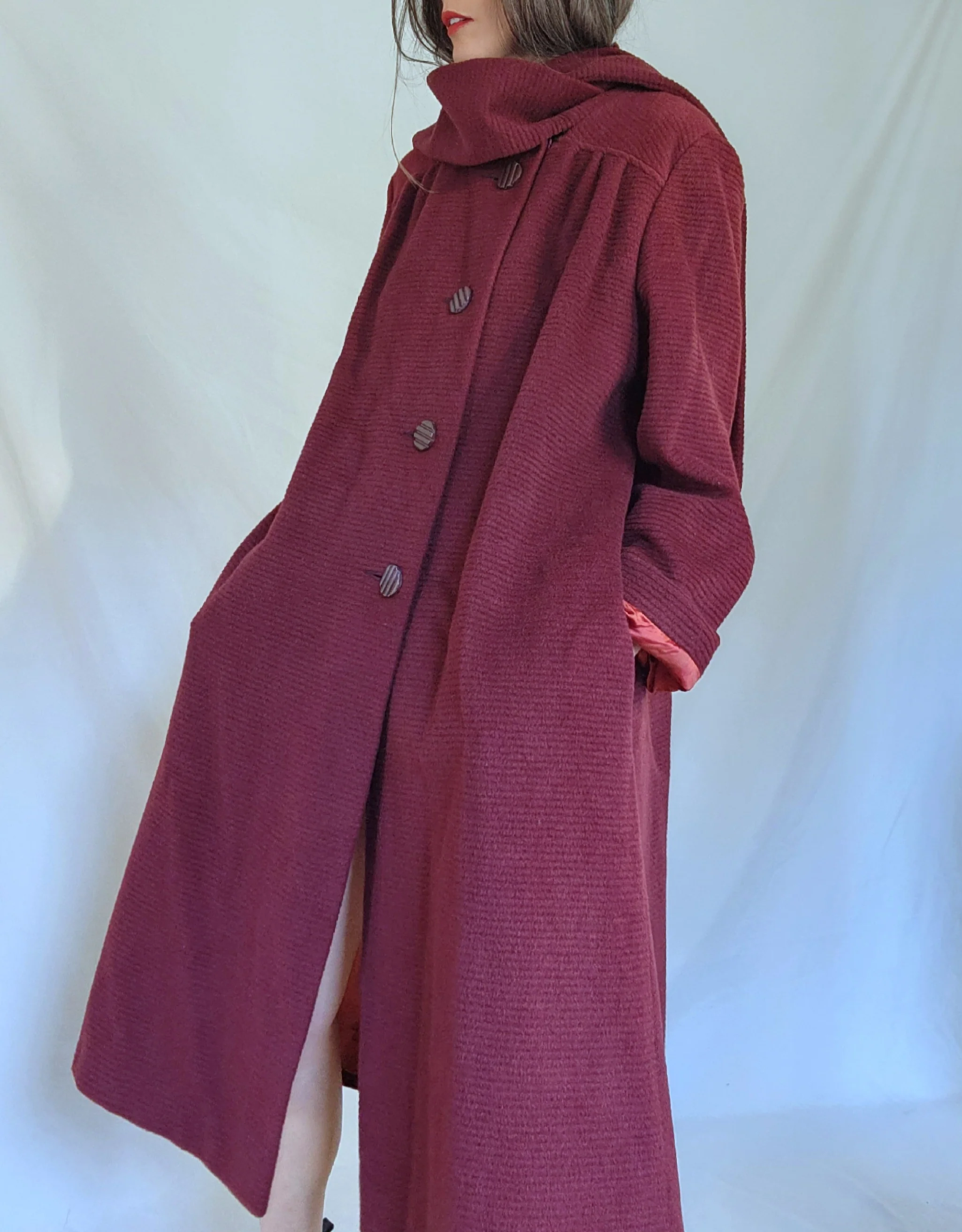 60s Ribbed Burgundy Red Wool Scarf Neck Swing Coat - Image 5