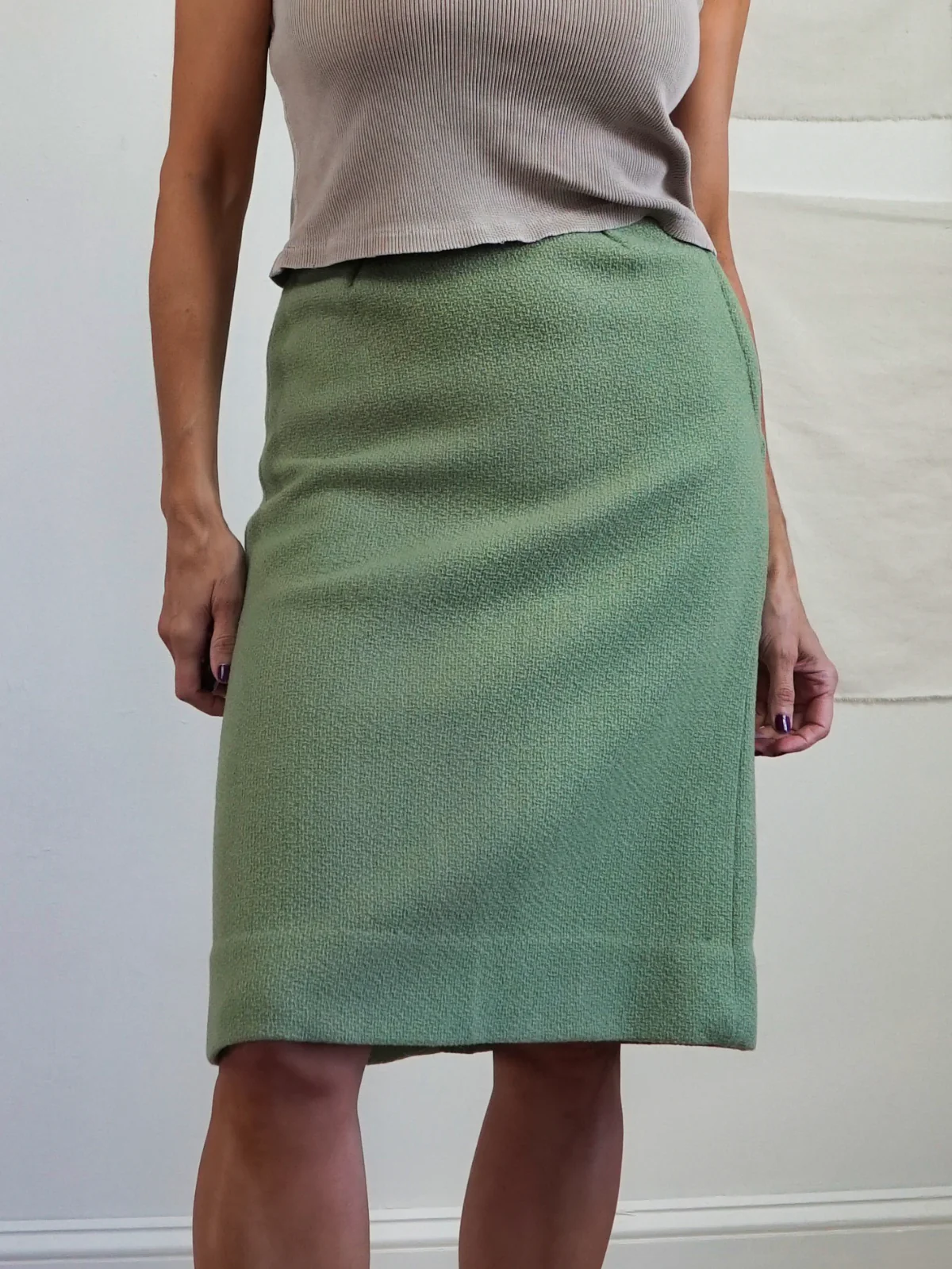 60s Sage Green Textured Wool Pencil High Waist Skirt - Image 3