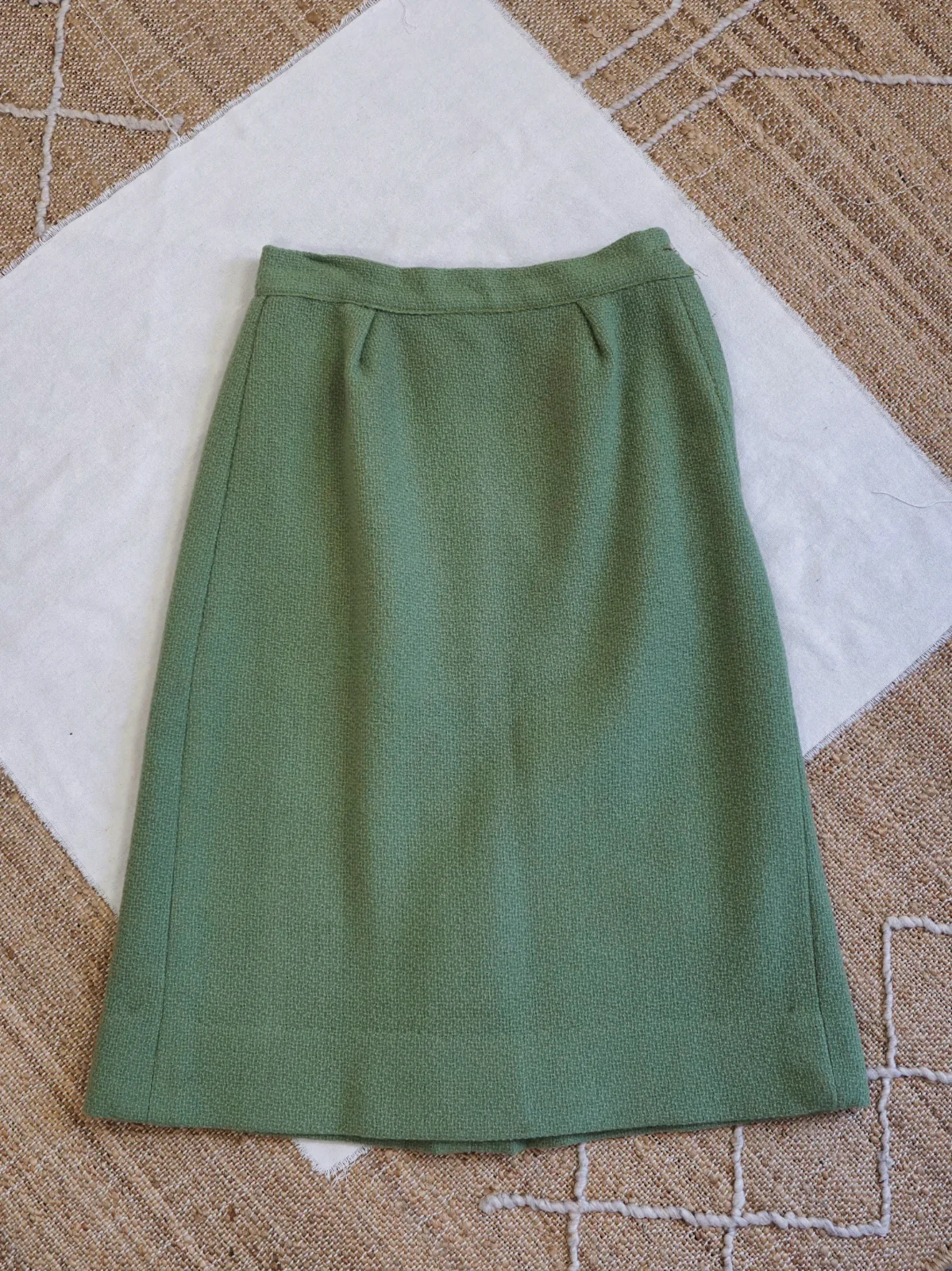 60s Sage Green Textured Wool Pencil High Waist Skirt - Image 4