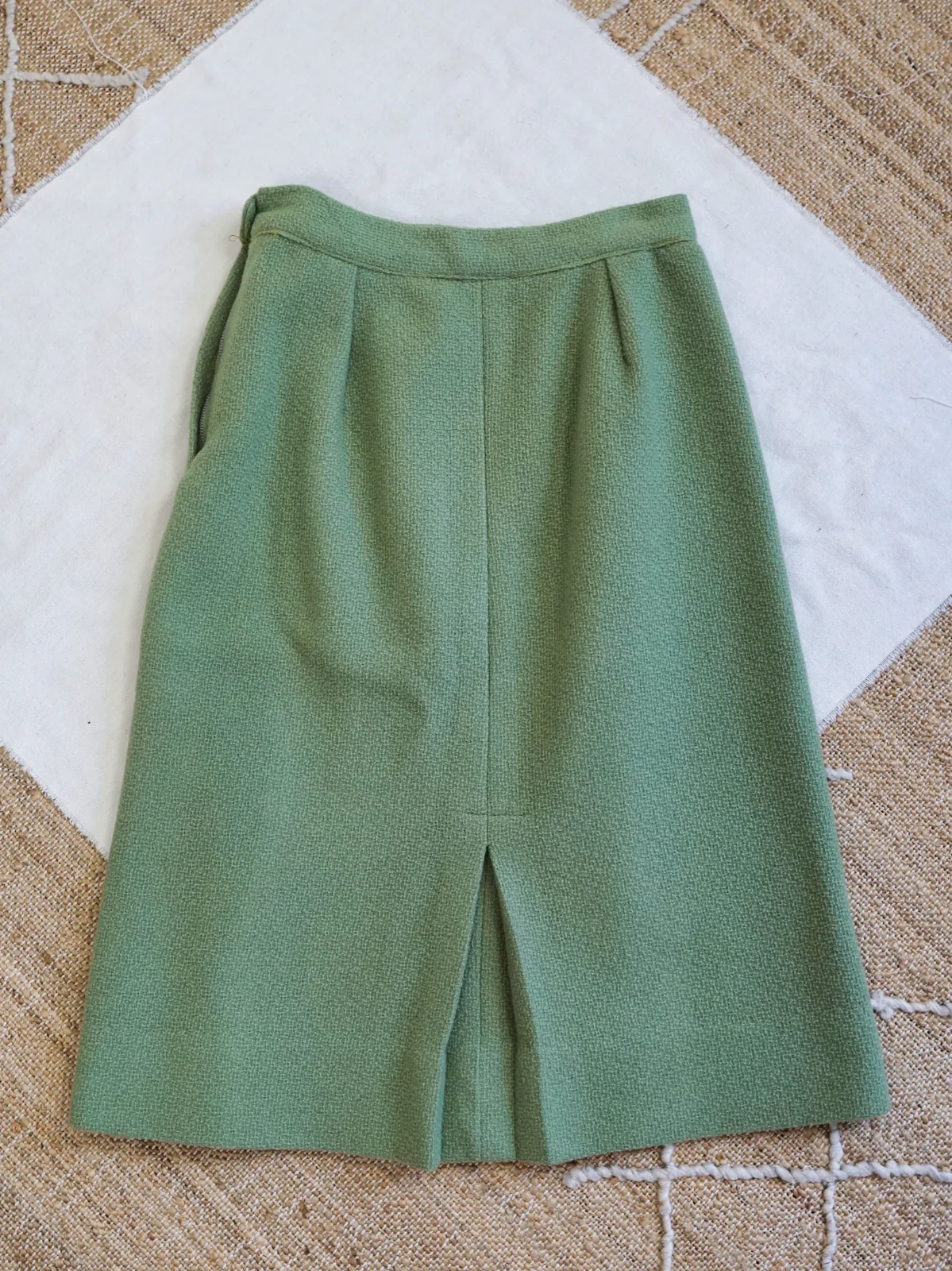 60s Sage Green Textured Wool Pencil High Waist Skirt - Image 6