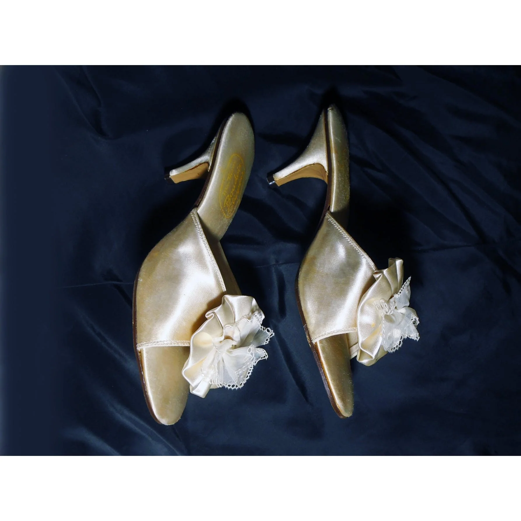 60s Satin Pom Pom Slippers, Kitten Heels, Burlesque By Mr Thom - Image 4
