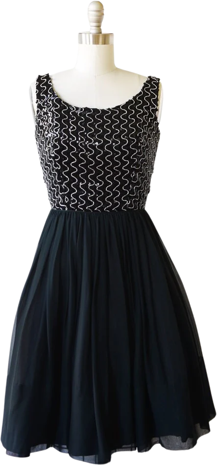 60s Sequin Cocktail Dress Vintage 60s Silk Chiffon Black and Silver Party Dress, Xs