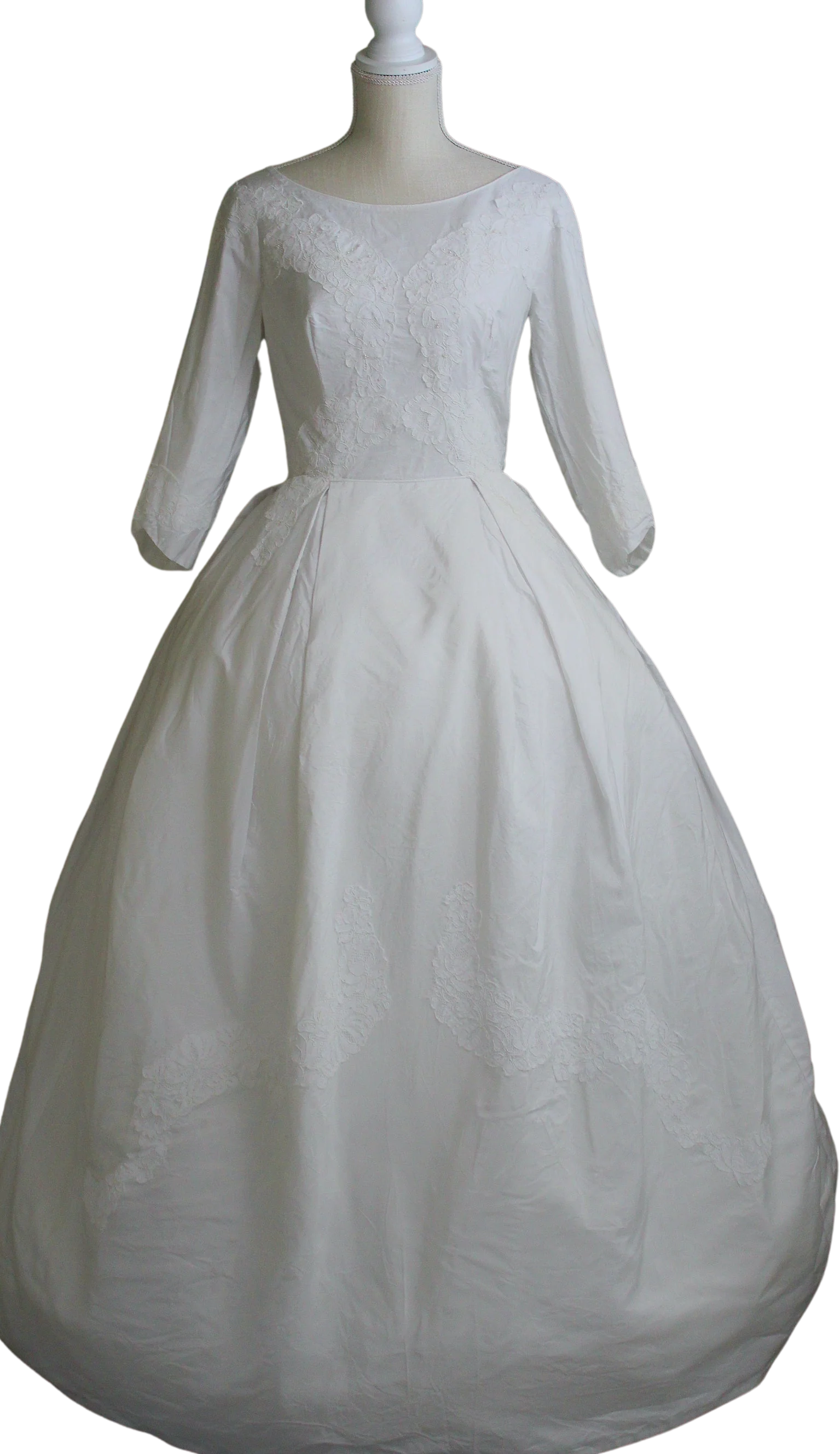 60s Silk Taffeta Wedding Dress with Chantilly Lace Appliques and Bow On Back