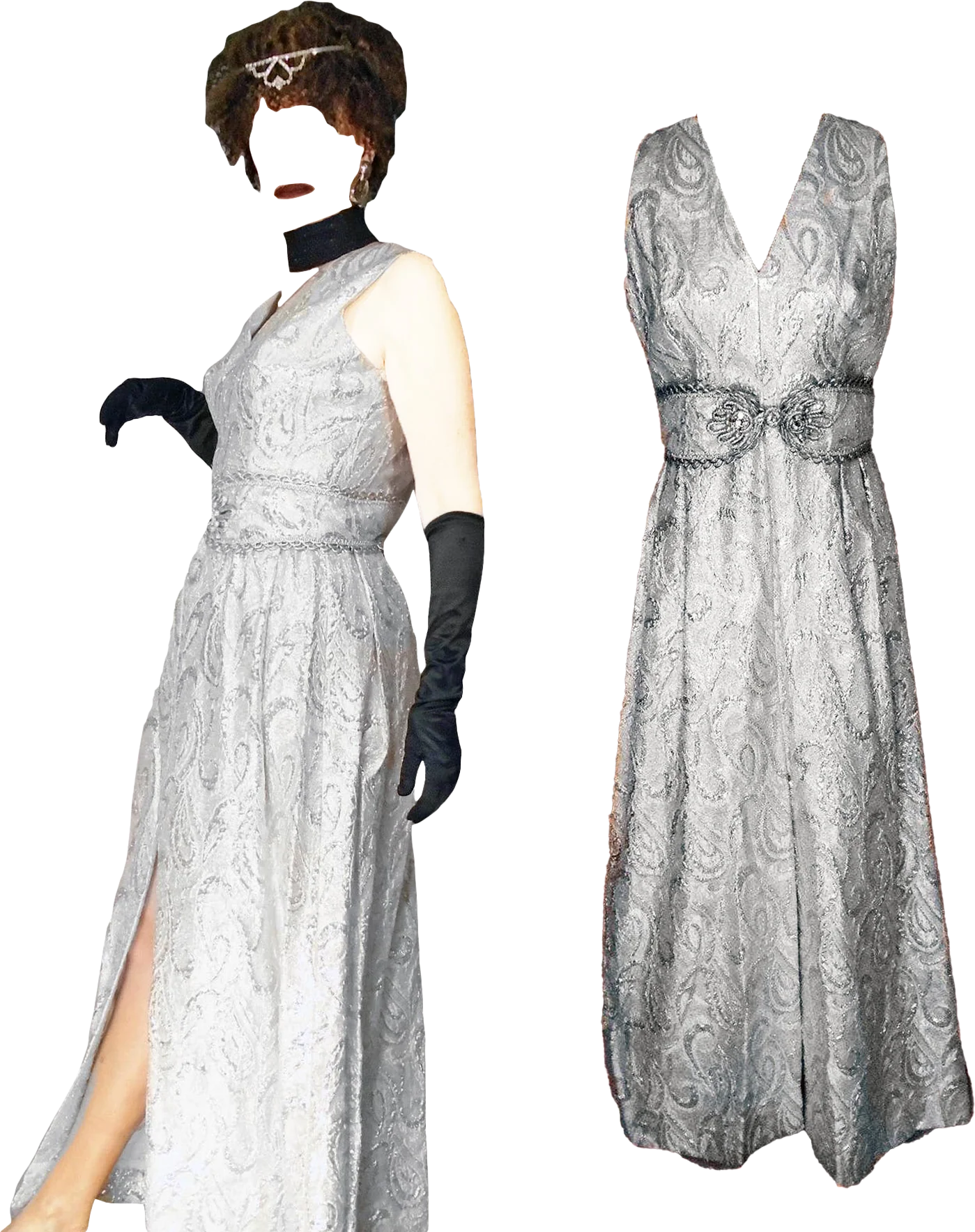 60s Silver Formal Gown, Matelasse, Edgy Bridal