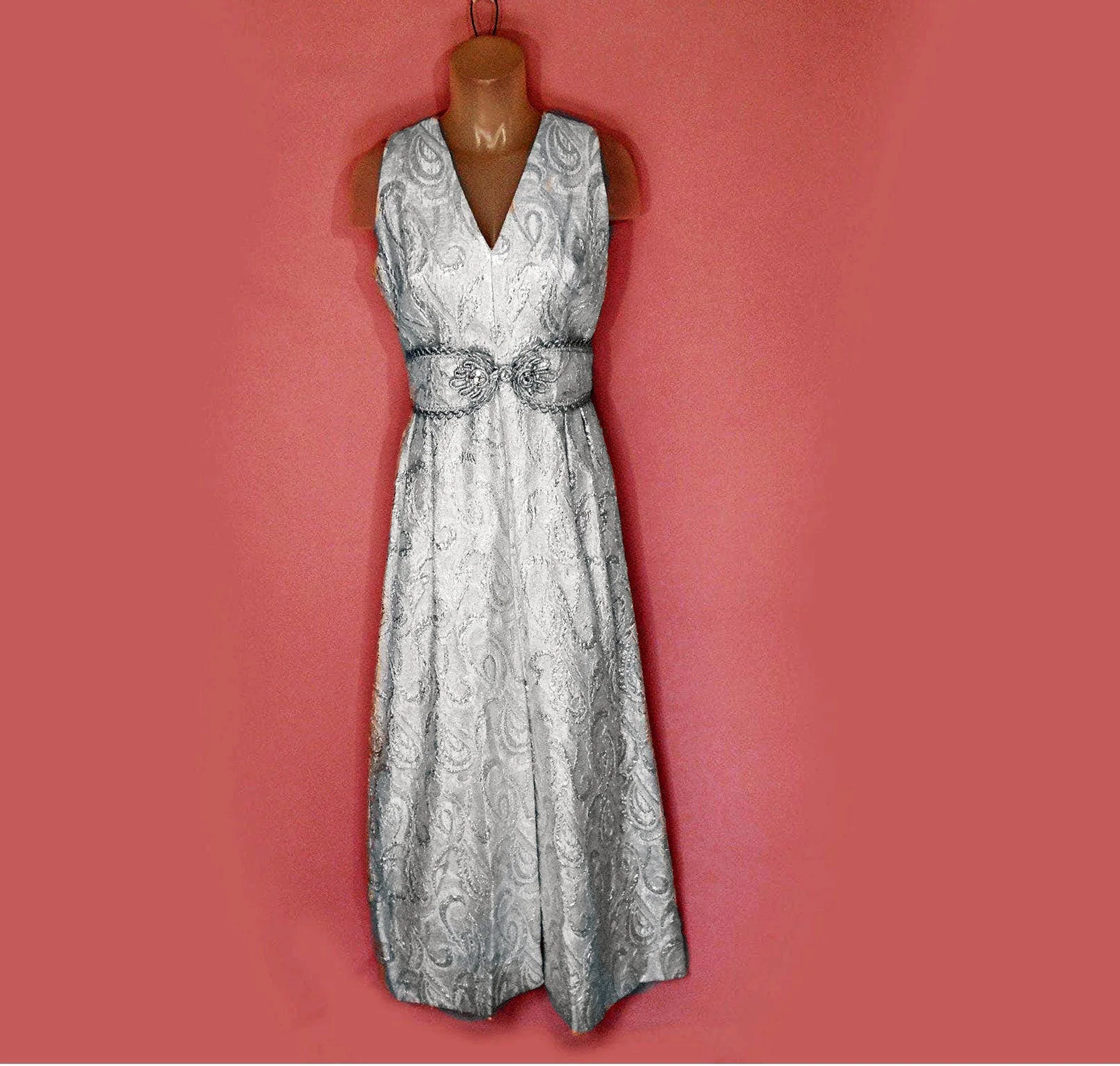 60s Silver Formal Gown, Matelasse, Edgy Bridal - Image 4