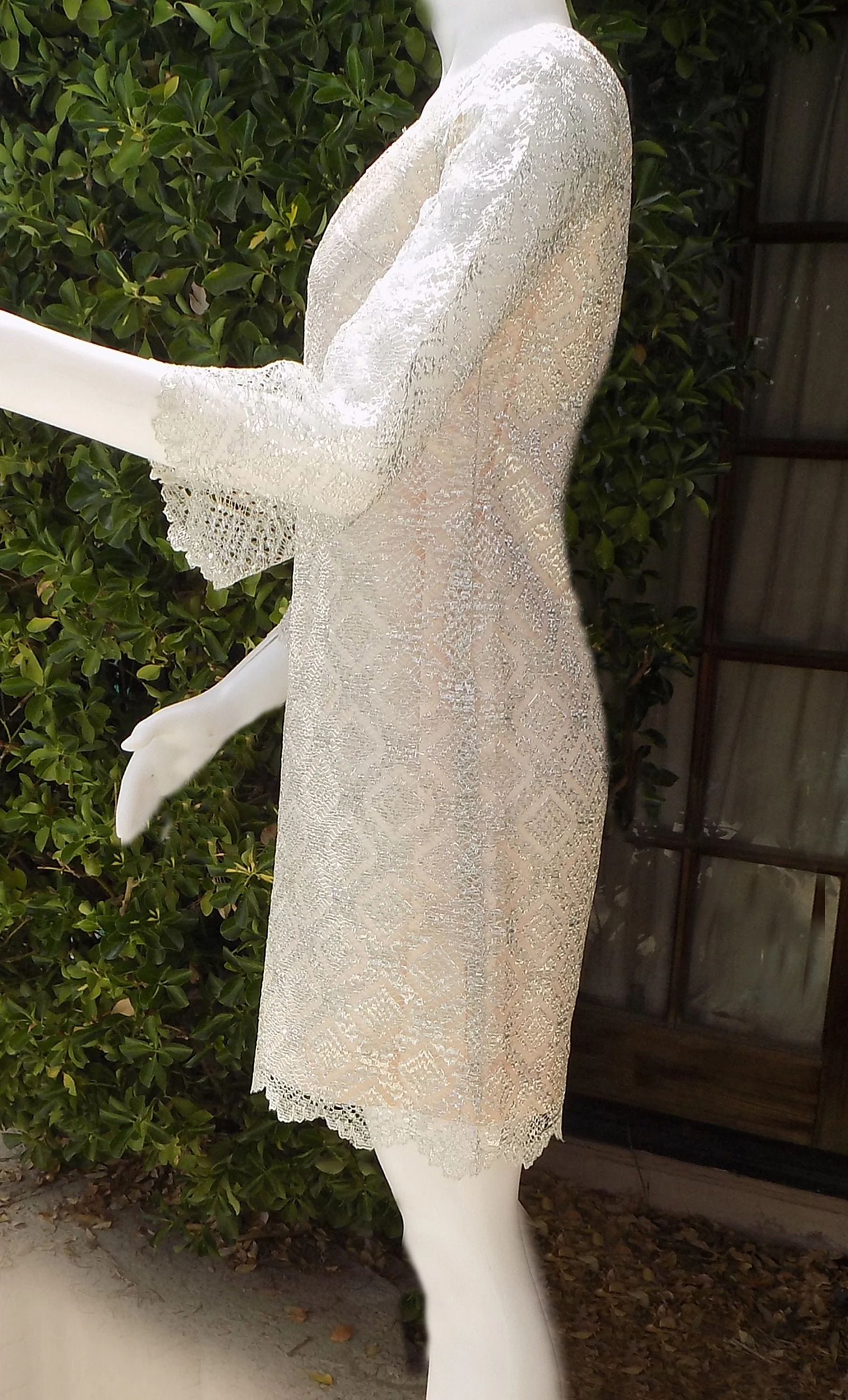60s Silver Mini Dress with Bell Sleeves Wedding Mini New Years Prom Red Carpet Metal Zipper Scalloped Hem Satin Lined Mod - Image 3