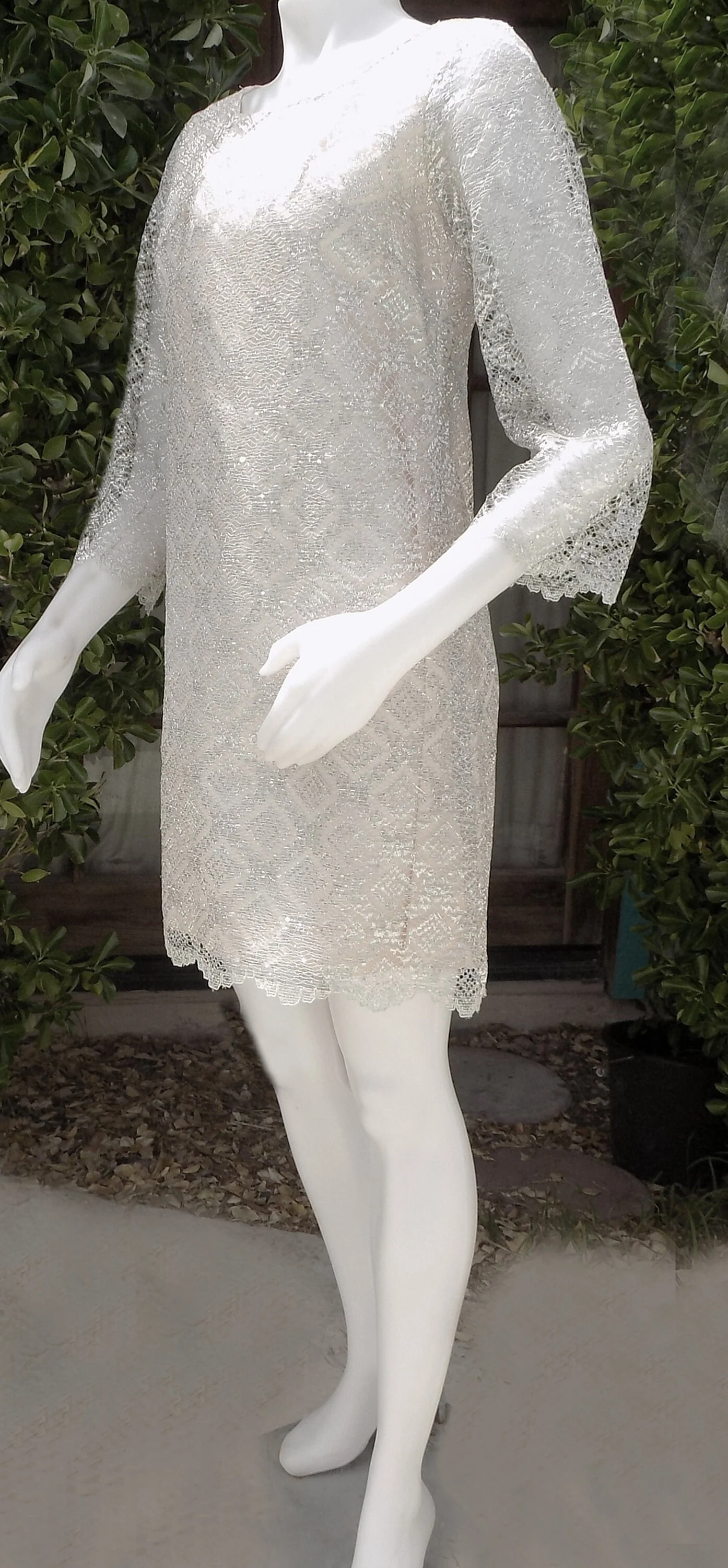 60s Silver Mini Dress with Bell Sleeves Wedding Mini New Years Prom Red Carpet Metal Zipper Scalloped Hem Satin Lined Mod - Image 4