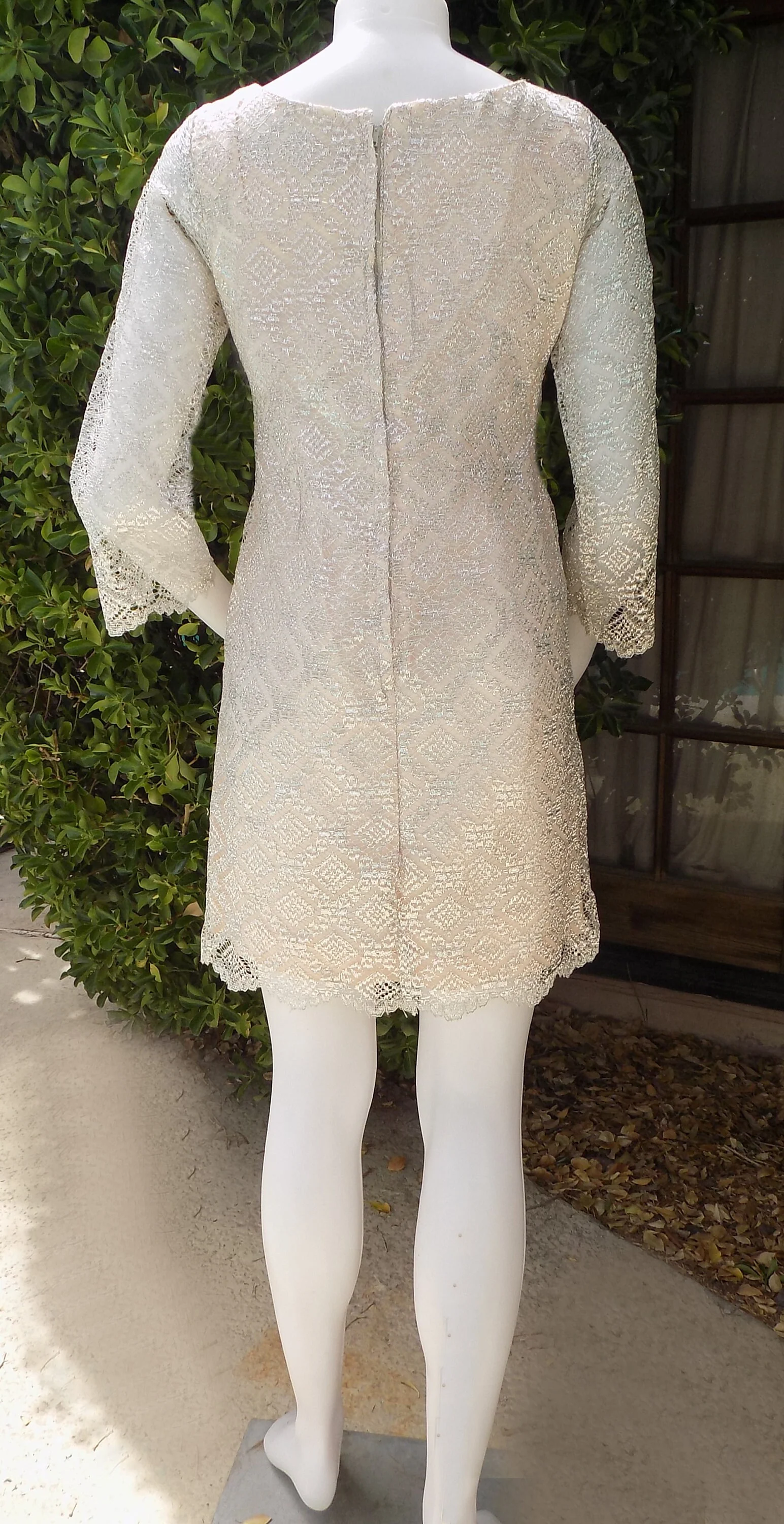 60s Silver Mini Dress with Bell Sleeves Wedding Mini New Years Prom Red Carpet Metal Zipper Scalloped Hem Satin Lined Mod - Image 5