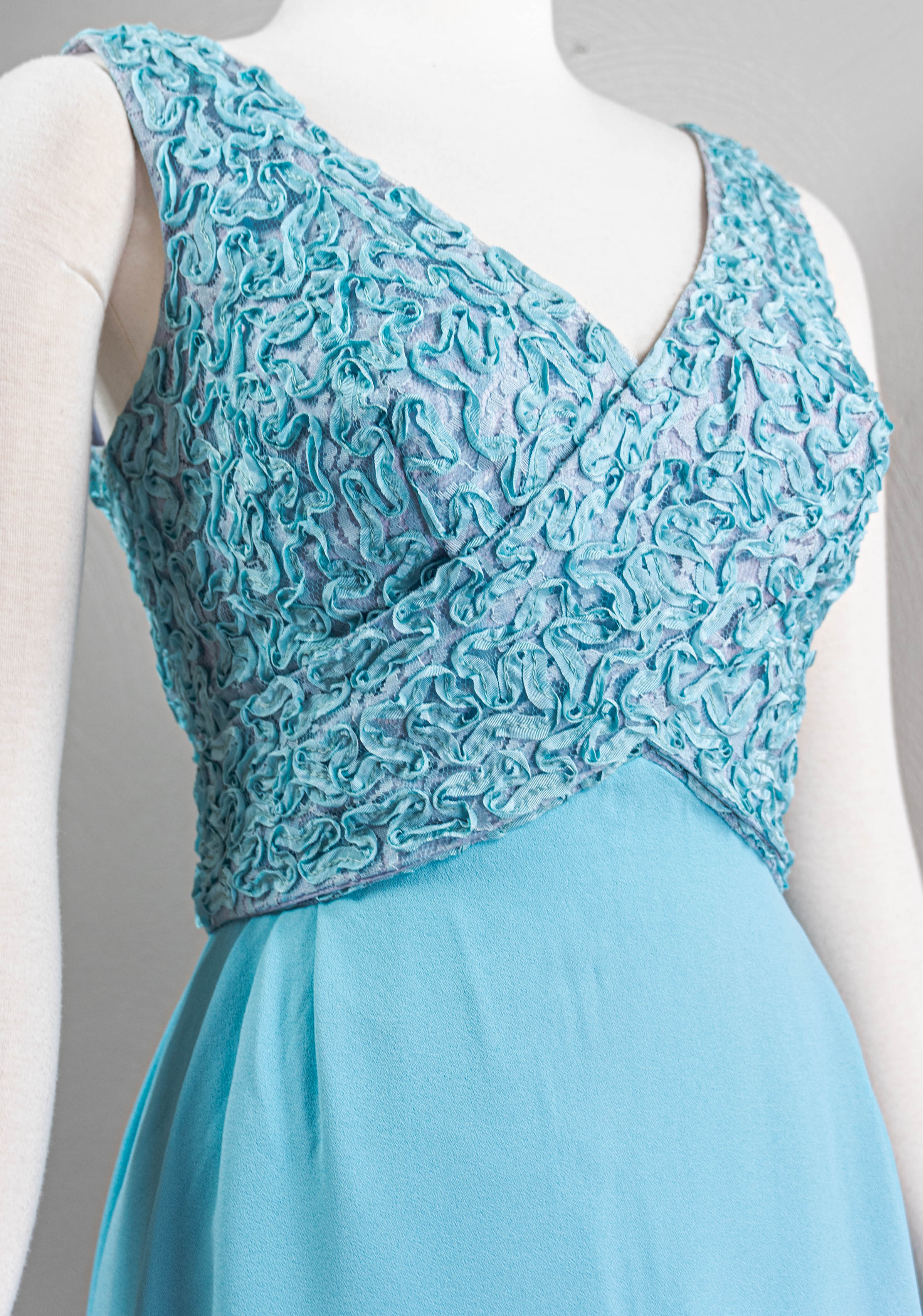 60s Sky Blue Rayon Crepe Wrap Wiggle Dress Soutache - Image 3