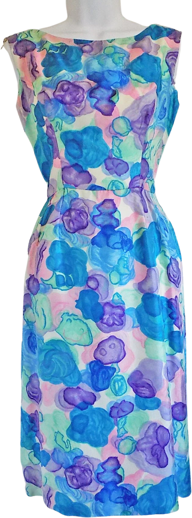 60s Sleeveless Silk Wiggle Dress Plunge Back Abstract Floral Print Blue Pink Aqua Purple Mrs Maisel Robinsons of California by Robinsons Of California
