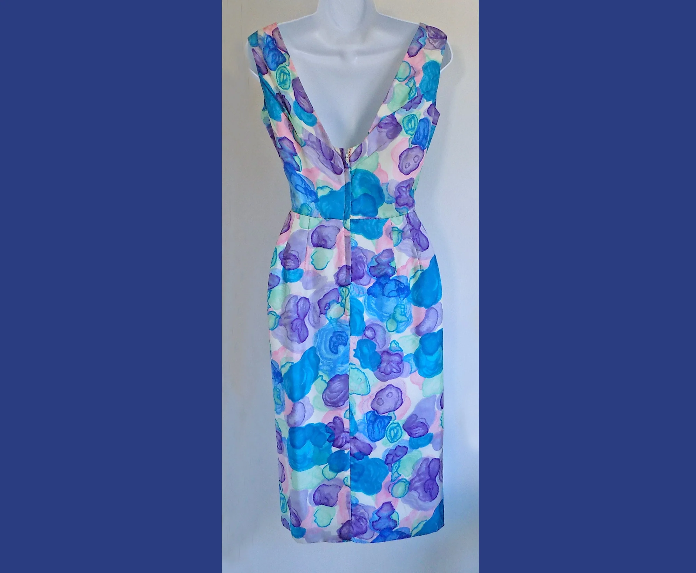 60s Sleeveless Silk Wiggle Dress Plunge Back Abstract Floral Print Blue Pink Aqua Purple Mrs Maisel Robinsons of California by Robinsons Of California - Image 2
