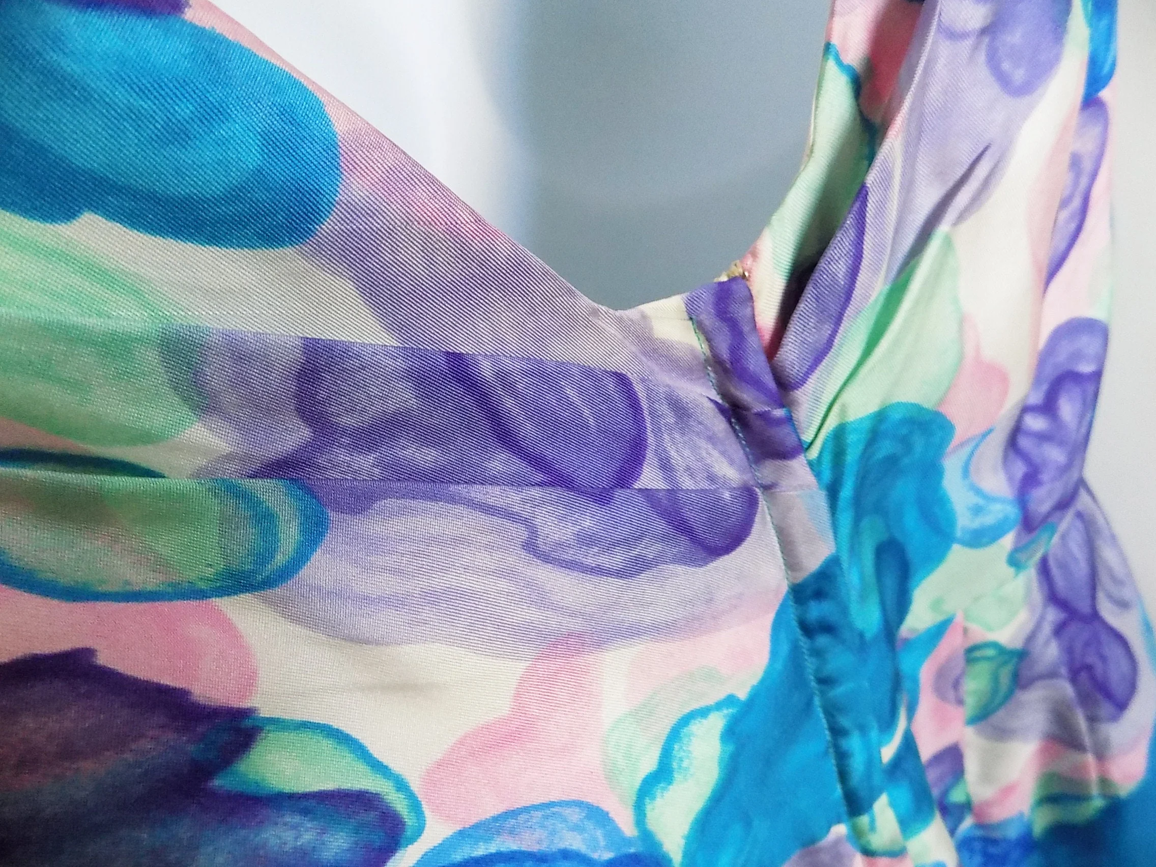 60s Sleeveless Silk Wiggle Dress Plunge Back Abstract Floral Print Blue Pink Aqua Purple Mrs Maisel Robinsons of California by Robinsons Of California - Image 3