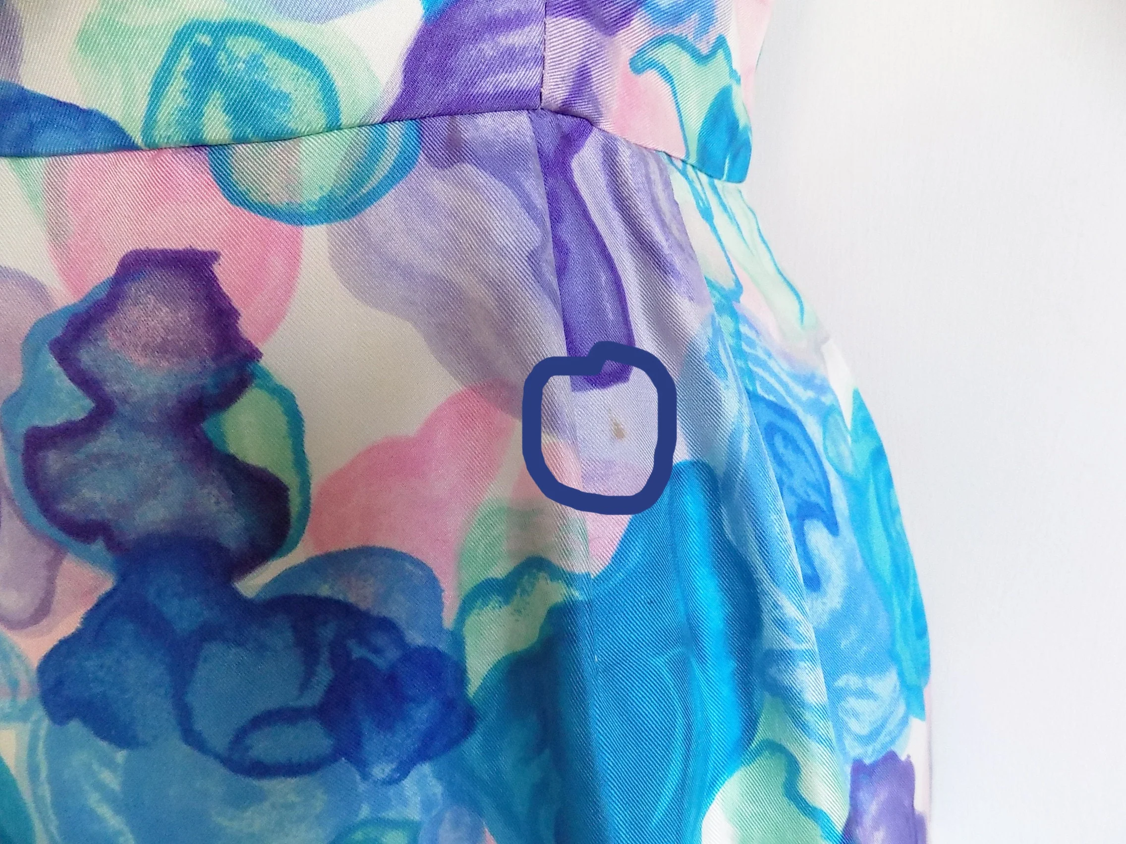 60s Sleeveless Silk Wiggle Dress Plunge Back Abstract Floral Print Blue Pink Aqua Purple Mrs Maisel Robinsons of California by Robinsons Of California - Image 6