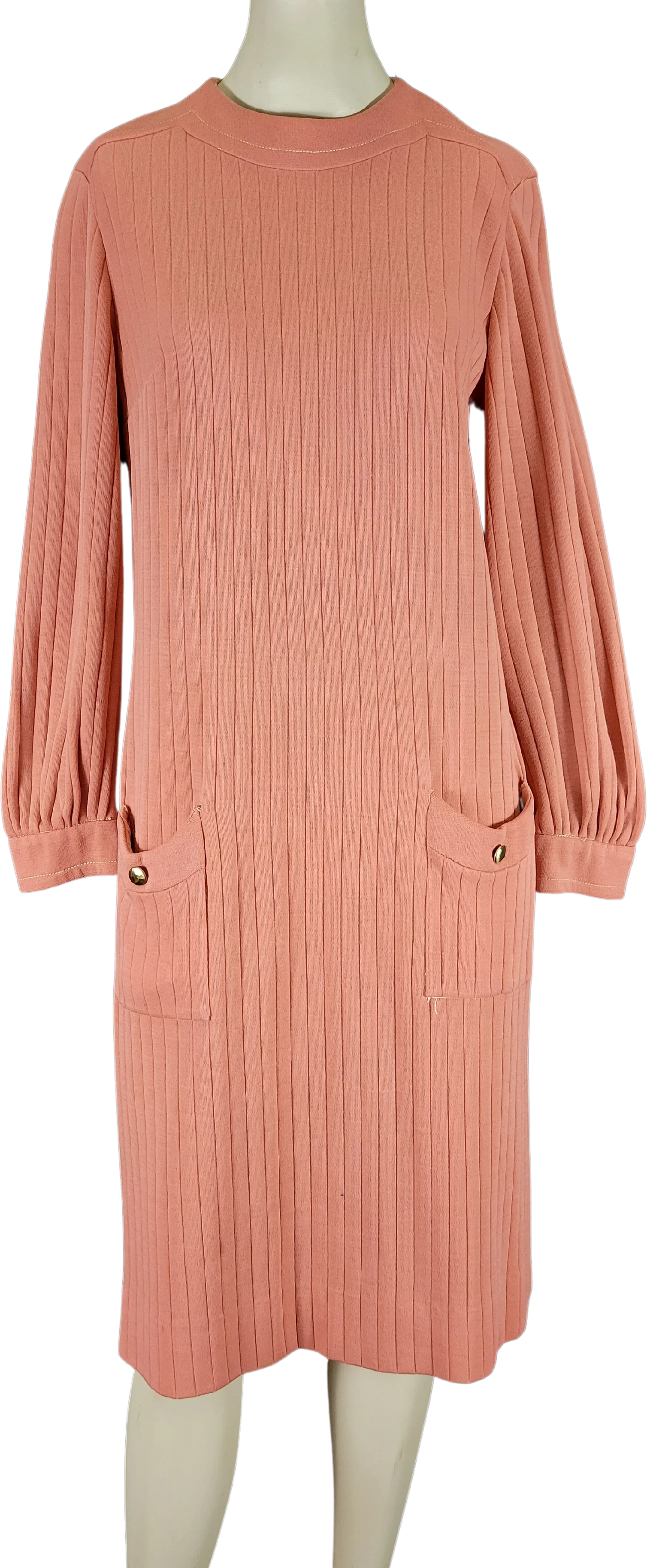 60s Solid Pink Peach Ribbed Long Sleeve Dress By R&K Knits