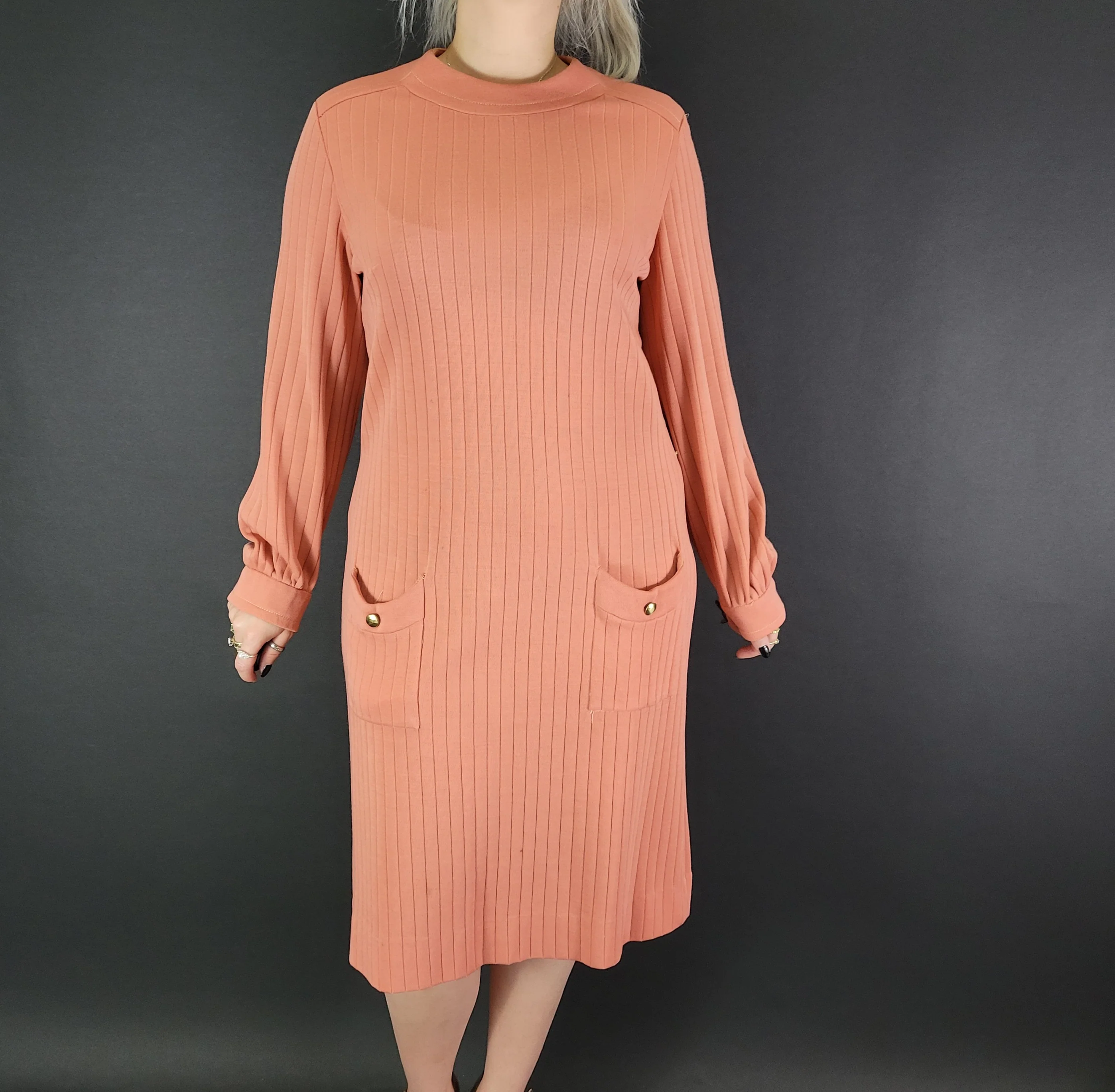 60s Solid Pink Peach Ribbed Long Sleeve Dress By R&K Knits - Image 3