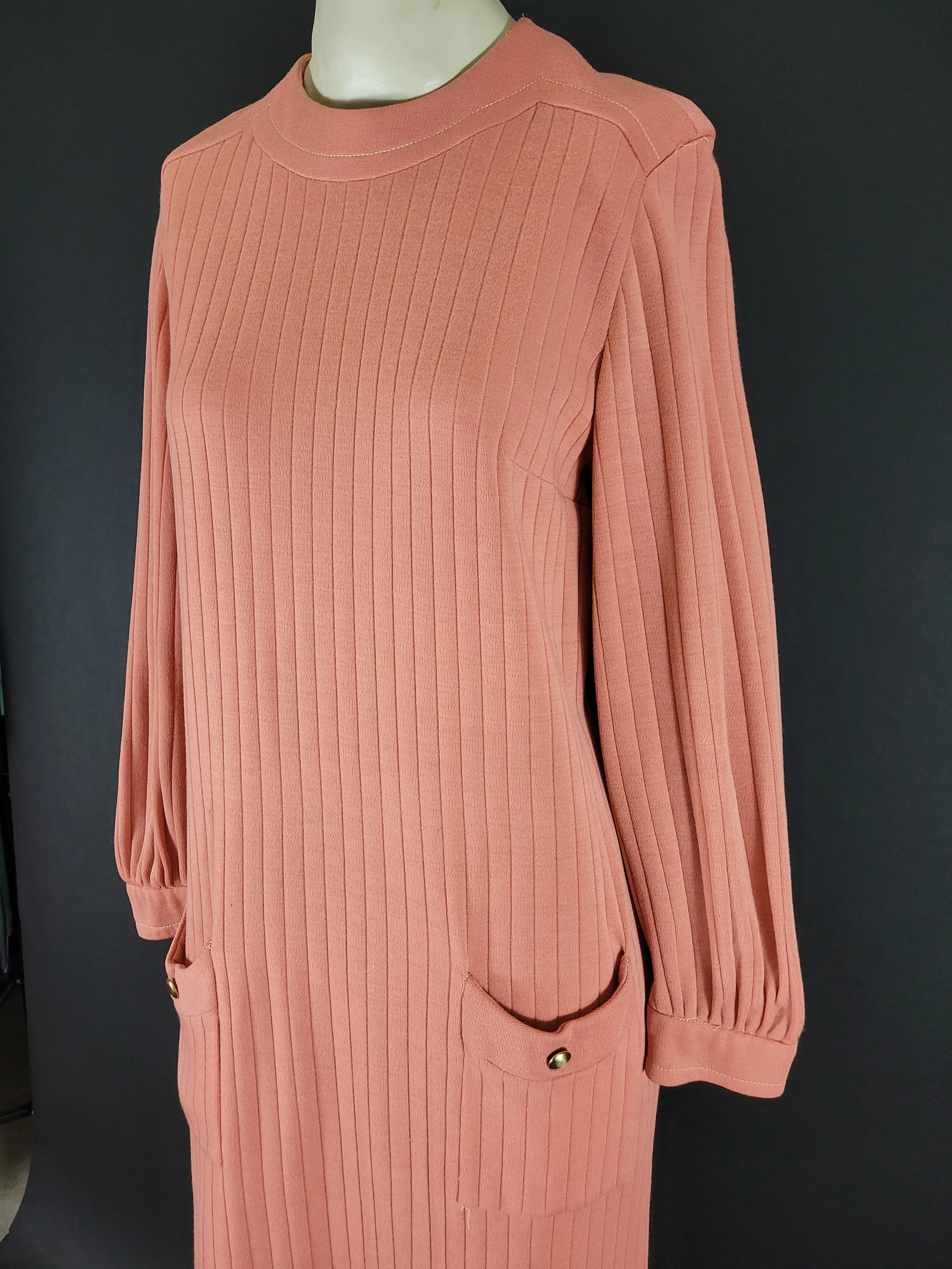 60s Solid Pink Peach Ribbed Long Sleeve Dress By R&K Knits - Image 4