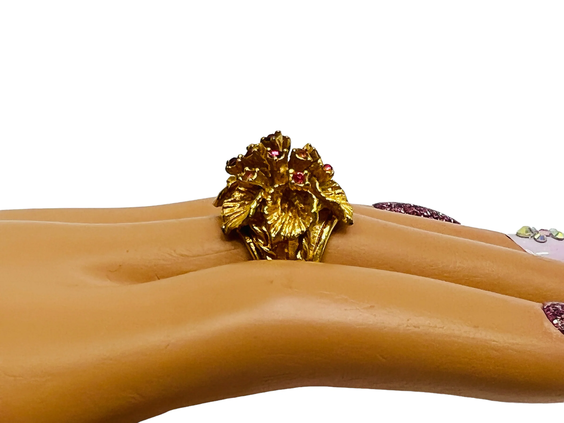 60s Statement Ring 18k Gold Plated Flower Pink Gems - Image 5