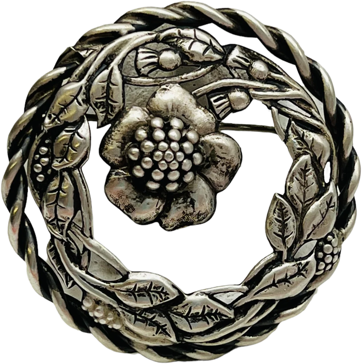 60s Sterling Silver Brooch Mid Century Floral Round
