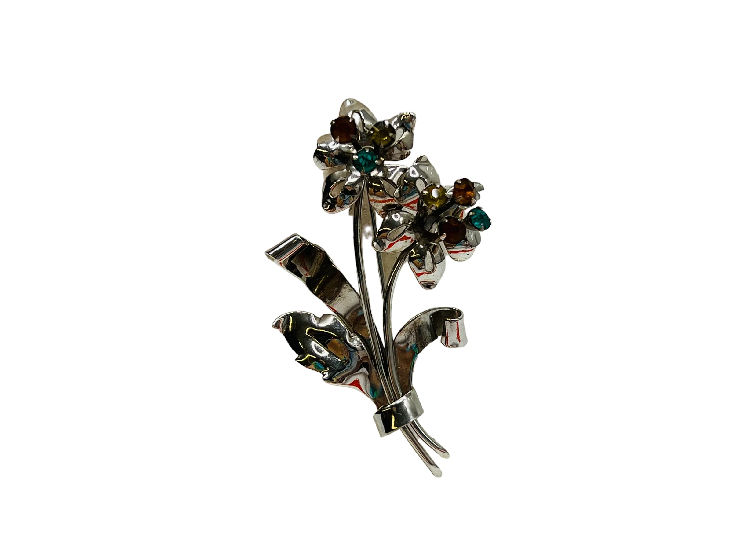 60s Sterling Silver Rhinestone Brooch Mid Century Pin - Image 3