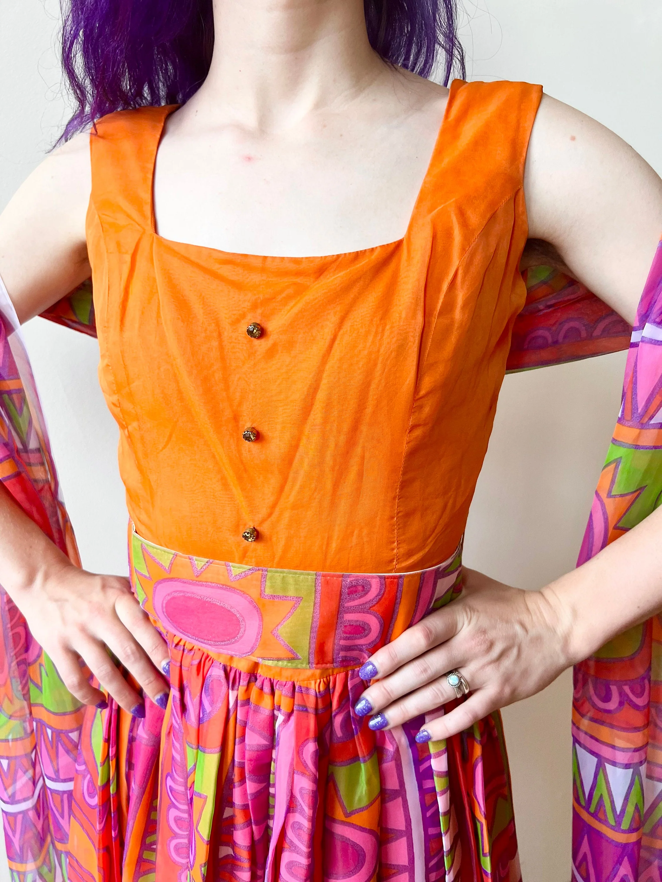 60s Sun Print Psychedelic Maxi Dress with Belt and Scarf - Image 4