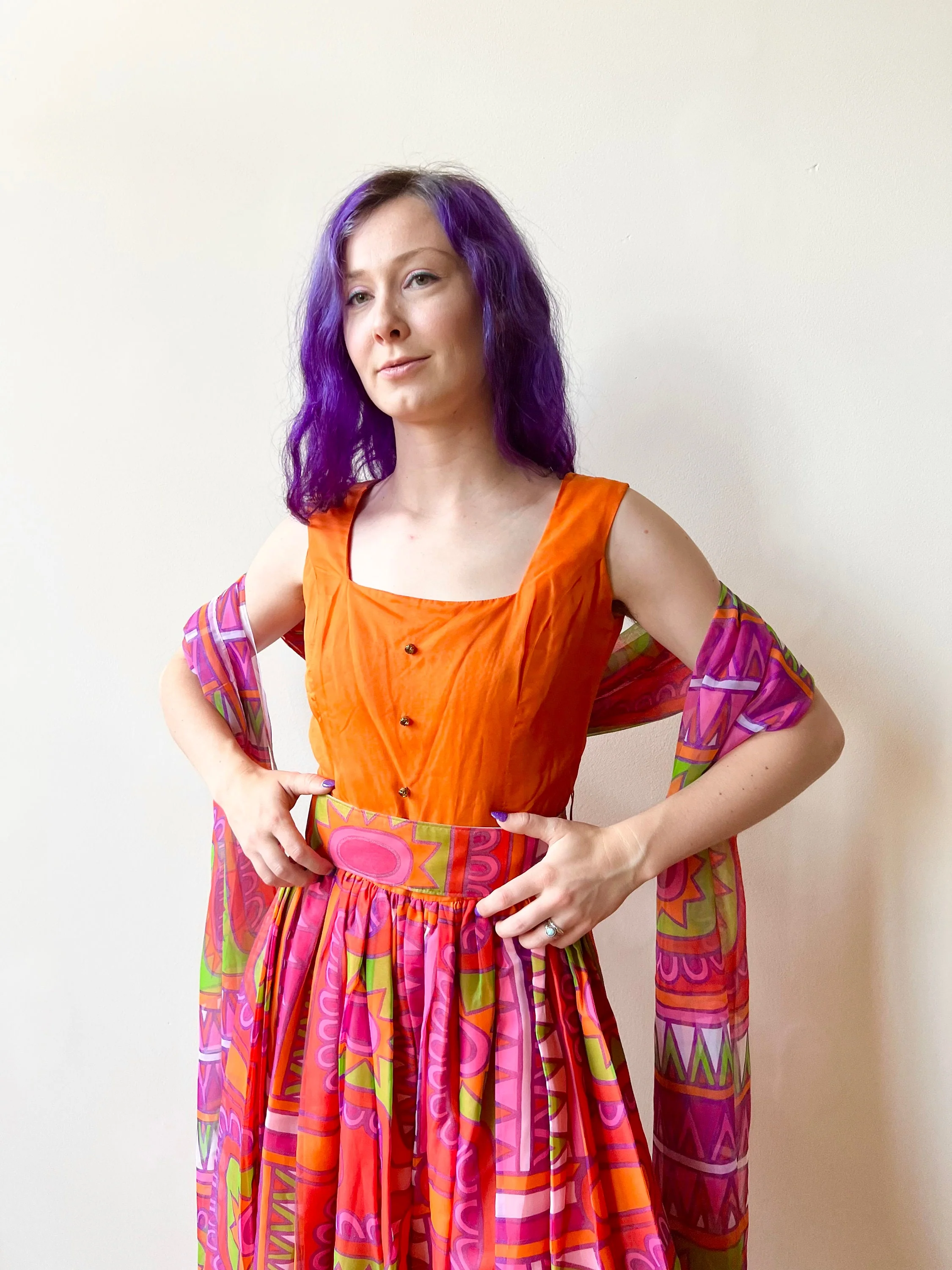 60s Sun Print Psychedelic Maxi Dress with Belt and Scarf - Image 7