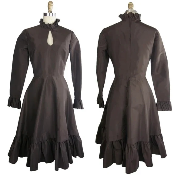 60s Taffeta Dress With Keyhole Neckline Ruffles By A and O Couture - Image 4