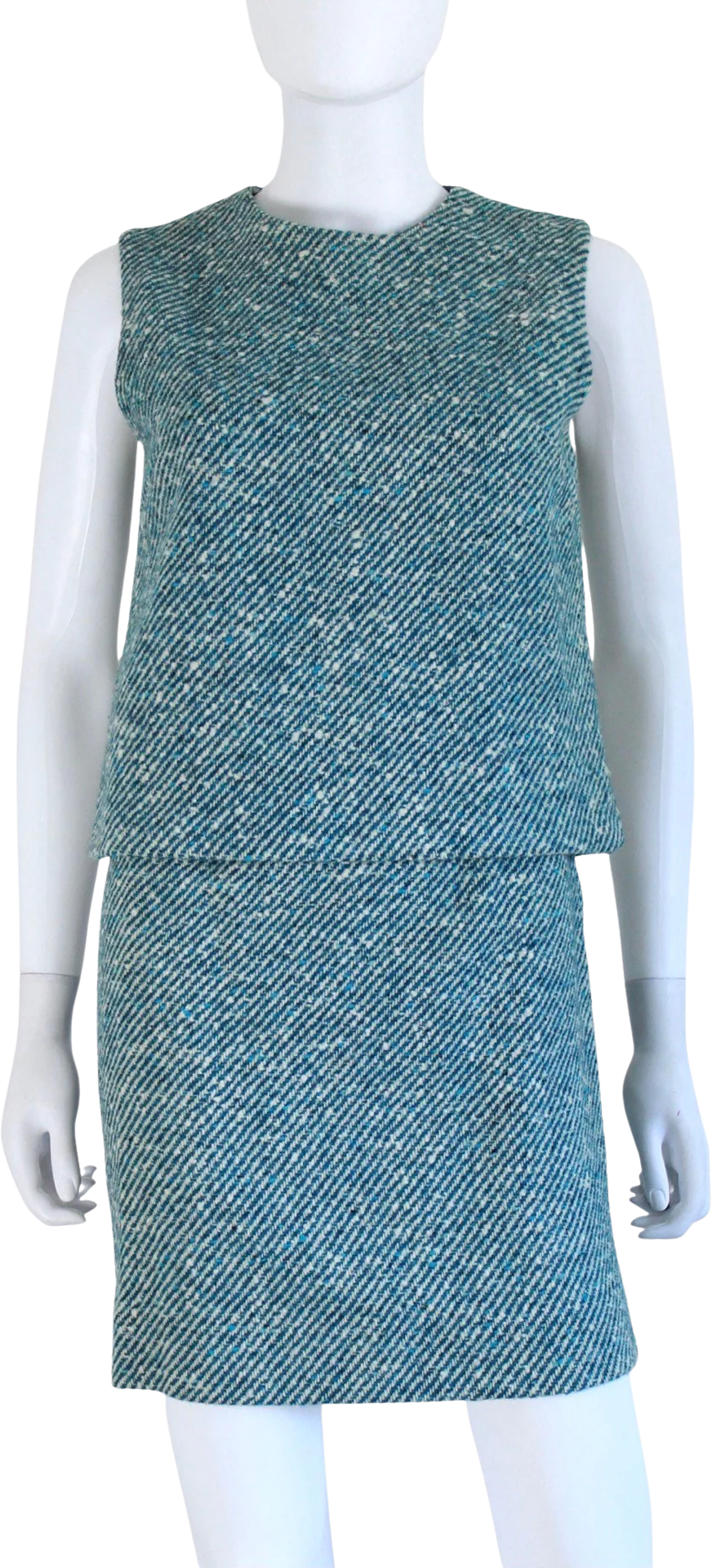 60s Teal and Ivory Wool Tweed Skirt and Top Set Size Extra Small by Russ
