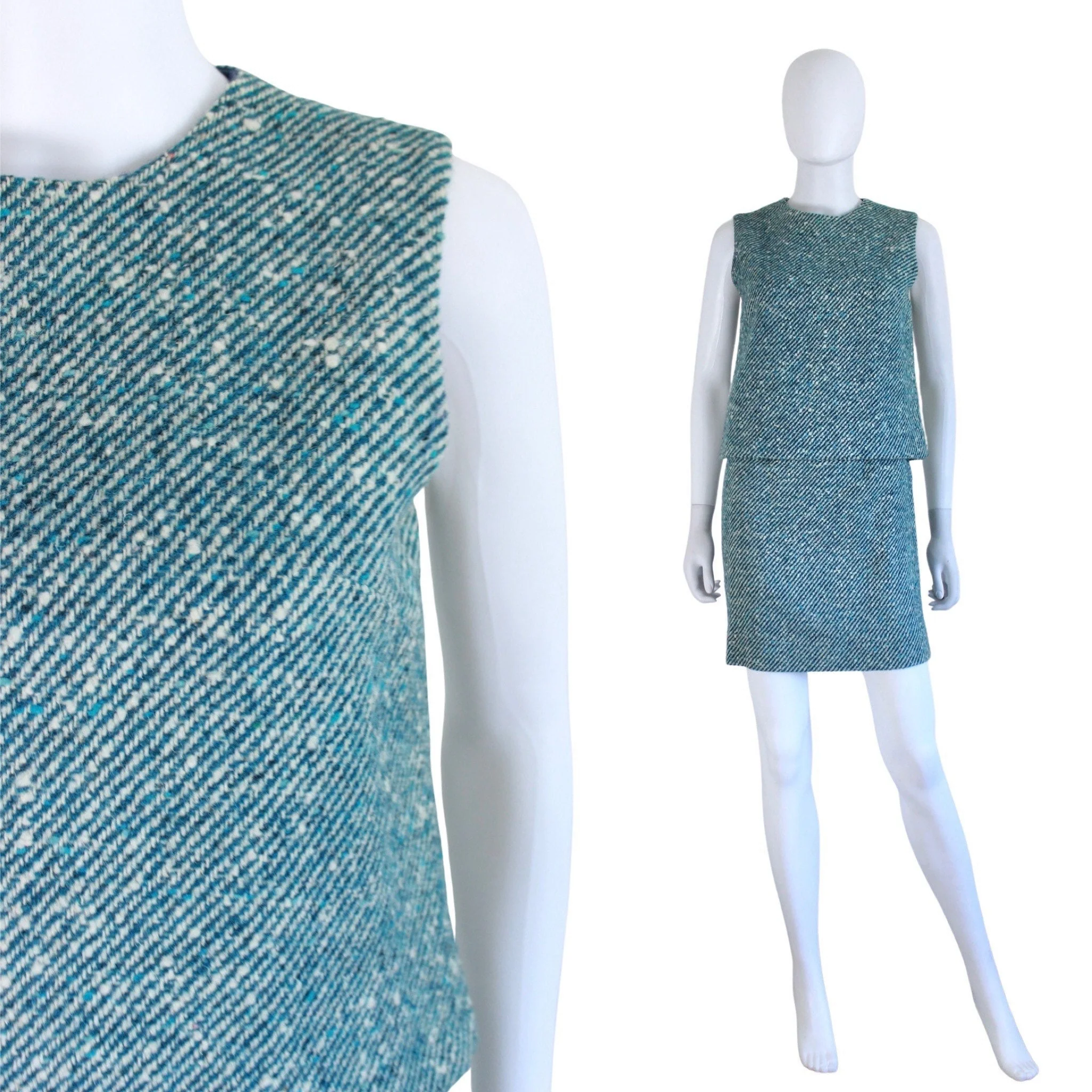 60s Teal and Ivory Wool Tweed Skirt and Top Set Size Extra Small by Russ - Image 3