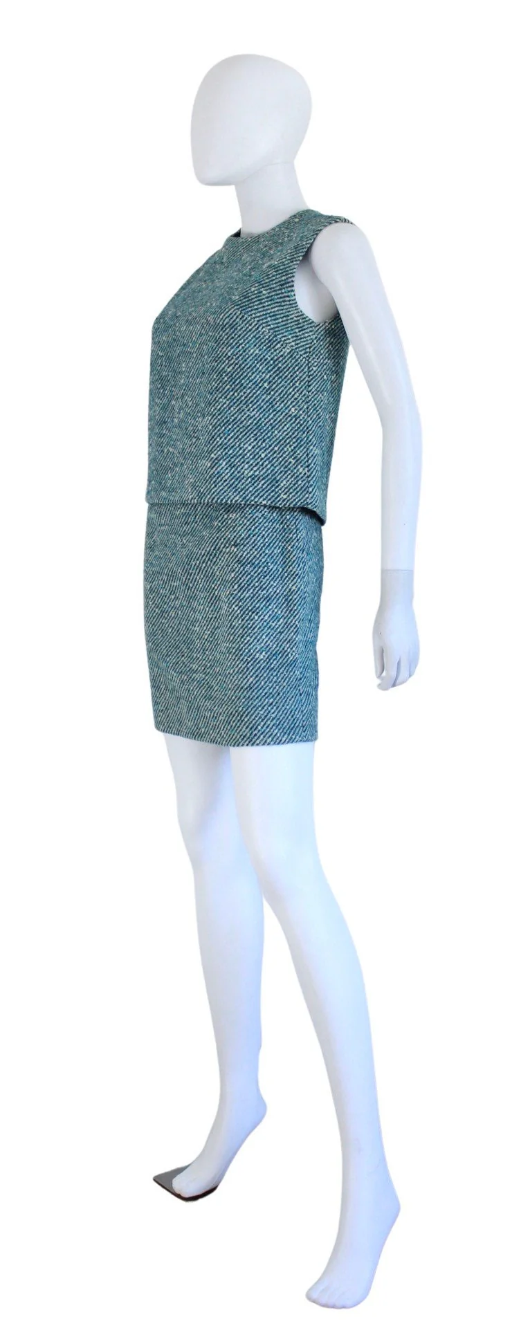 60s Teal and Ivory Wool Tweed Skirt and Top Set Size Extra Small by Russ - Image 5