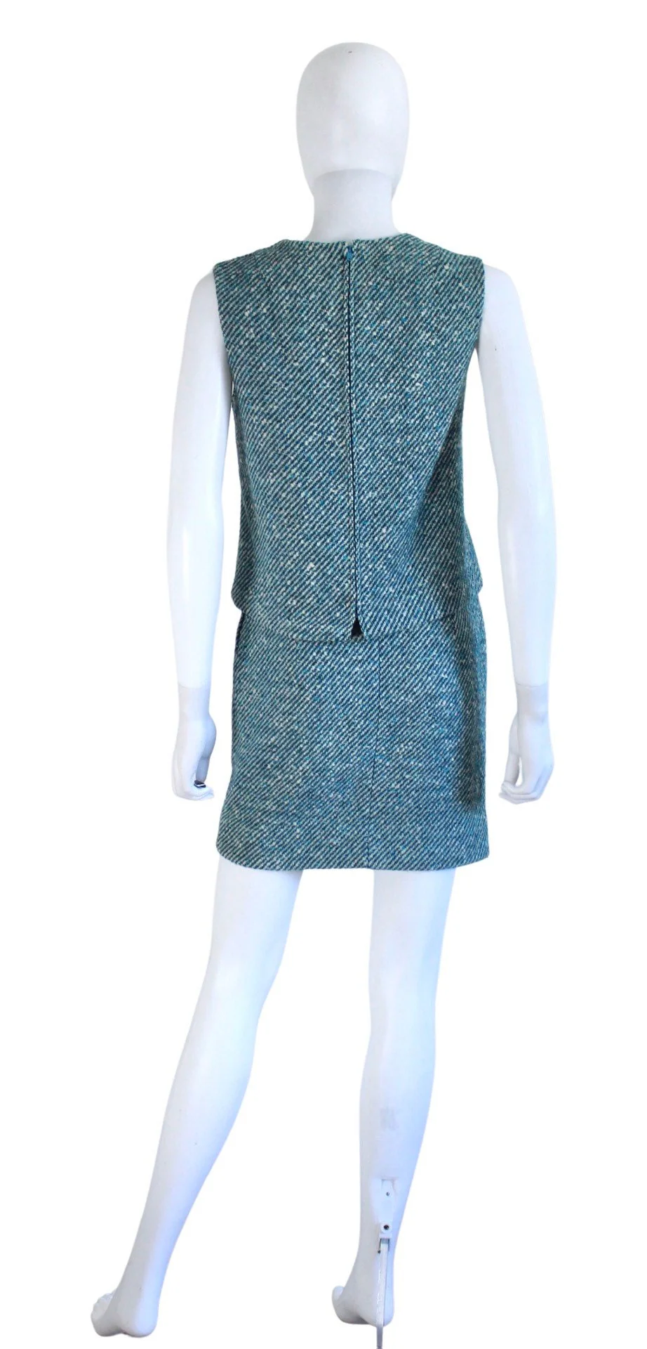 60s Teal and Ivory Wool Tweed Skirt and Top Set Size Extra Small by Russ - Image 9