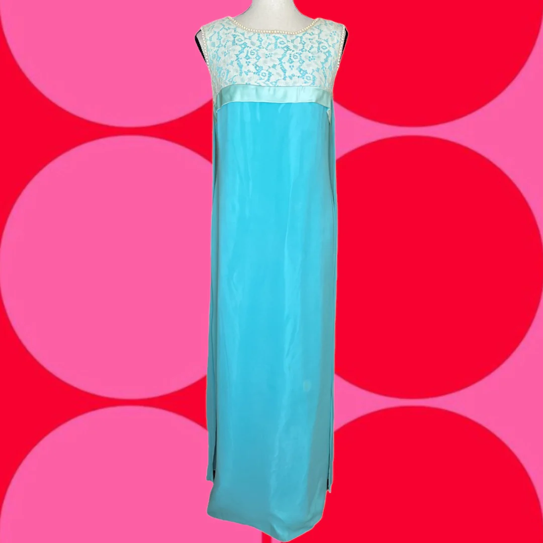 60s Tiffany Blue Lace Top Cape Formal Dress Gown - Image 2