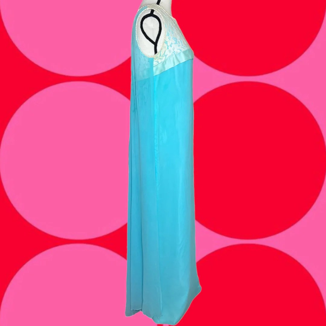60s Tiffany Blue Lace Top Cape Formal Dress Gown - Image 3
