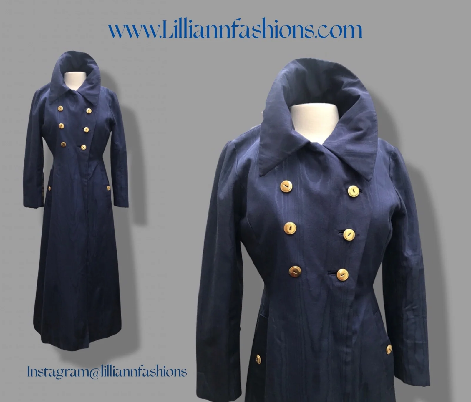 60s  Long Blue Trench Coat Waterproof Wood Design - Image 3