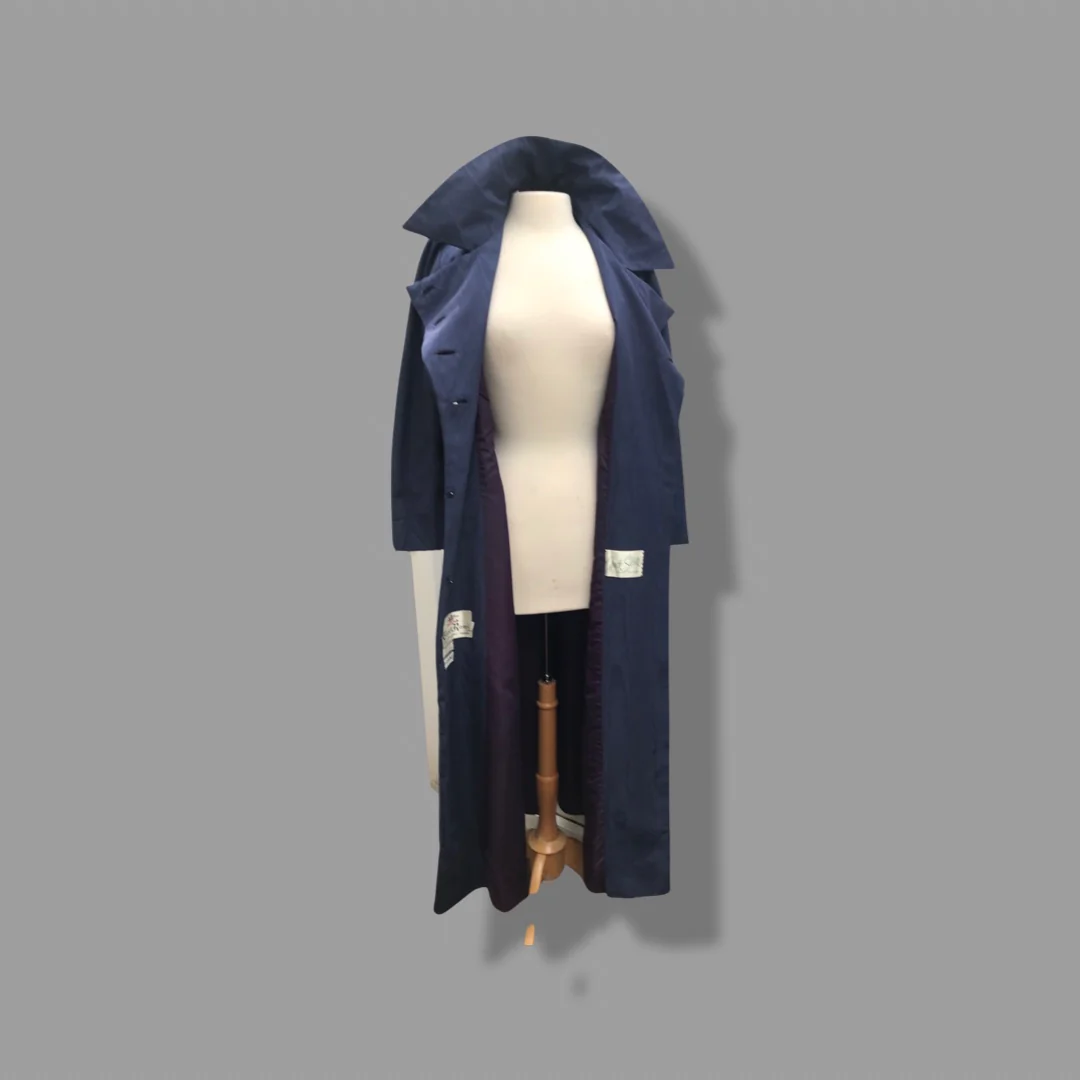 60s  Long Blue Trench Coat Waterproof Wood Design - Image 8
