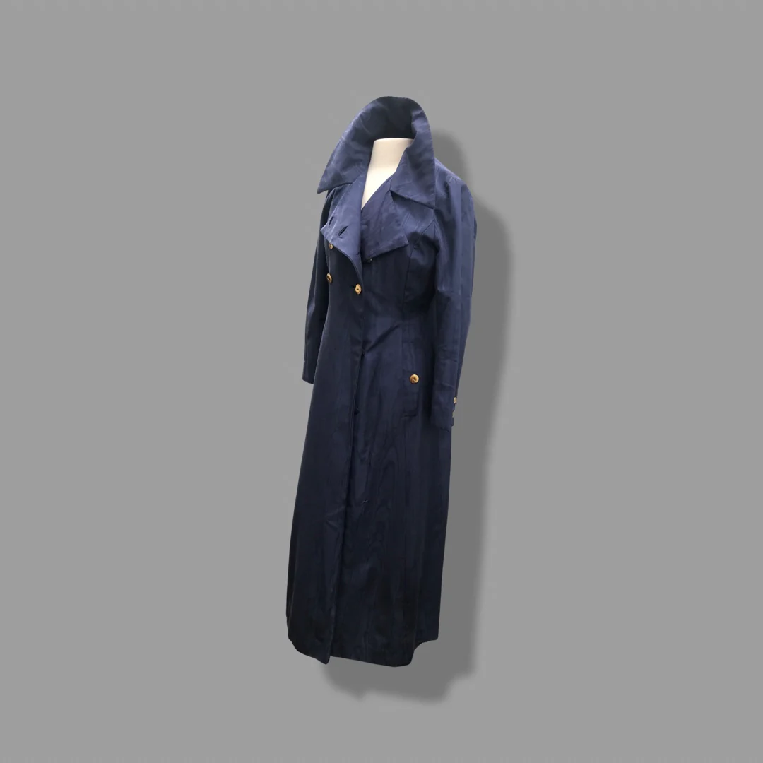 60s  Long Blue Trench Coat Waterproof Wood Design - Image 9