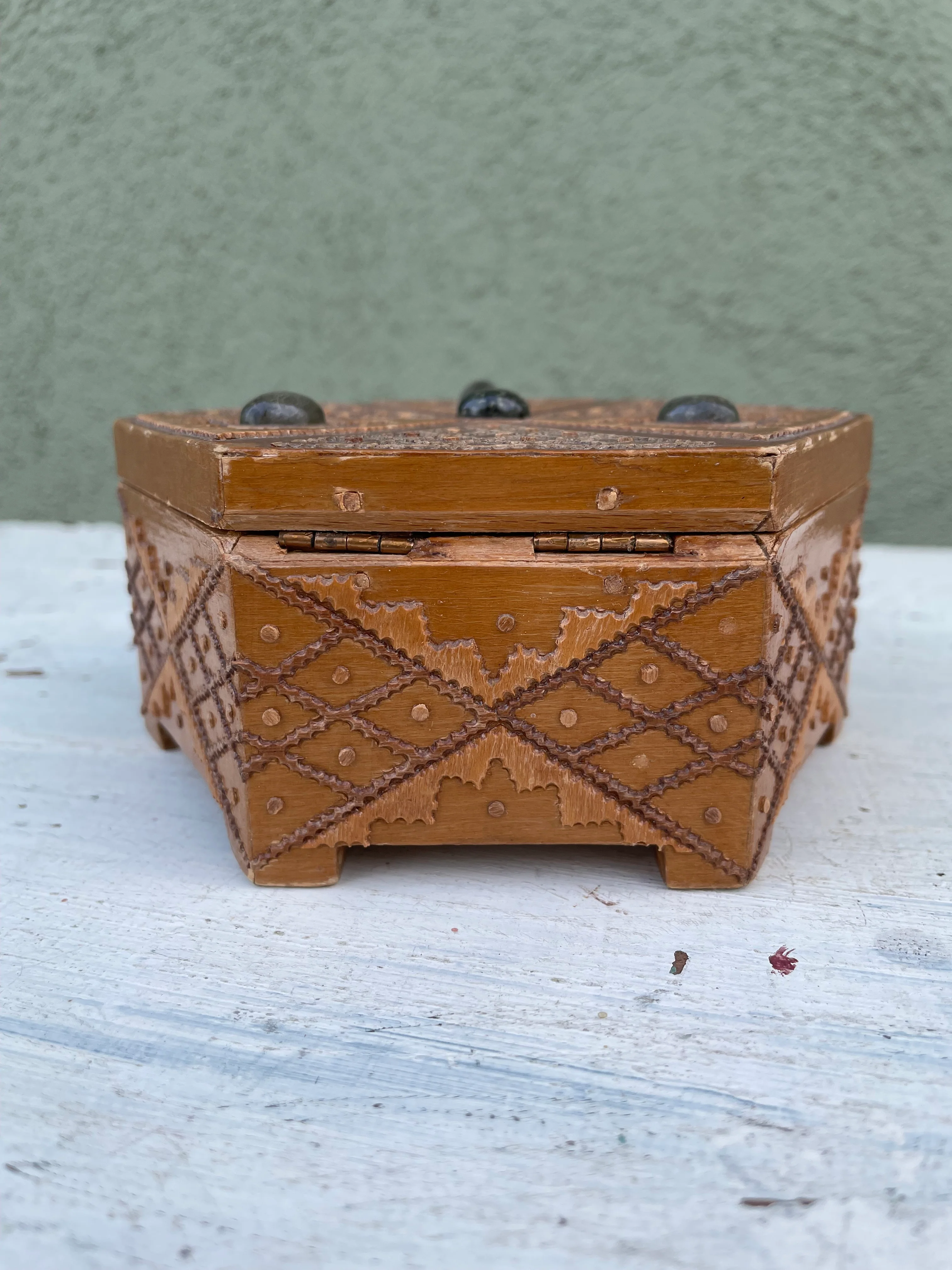 60s Trinket Box In Wood With Stone Detail From Albania - Image 4